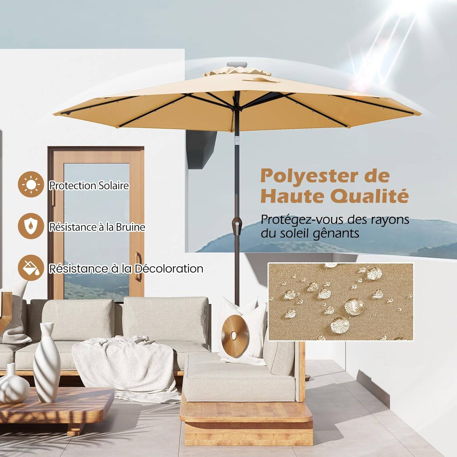 Costway - Parasol de Jardin Exterieur 3M, Parasol Inclinable 8 Baleines, Lumineux Solaire 24 LED, Manivelle, Anti-UV, Grand Parasol en Métal, Beige - Image 6
