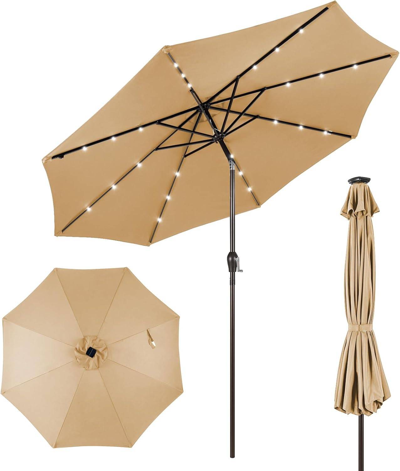 Costway - Parasol de Jardin Exterieur 3M, Parasol Inclinable 8 Baleines, Lumineux Solaire 24 LED, Manivelle, Anti-UV, Grand Parasol en Métal, Beige - Image 1