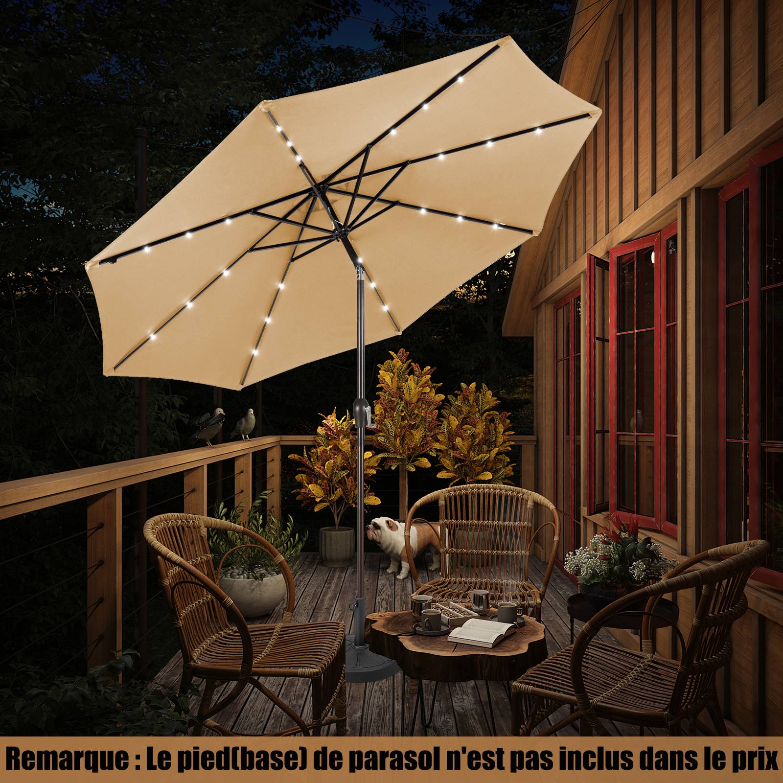 Costway - Parasol de Jardin Exterieur 3M, Parasol Inclinable 8 Baleines, Lumineux Solaire 24 LED, Manivelle, Anti-UV, Grand Parasol en Métal, Beige - Image 3
