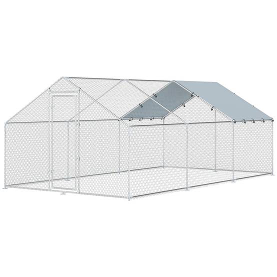 Grand poulailler d'extérieur en acier galvanisé 5,1 x 3 x 1,9 m (15,3 m²) avec housse en toile Oxford et serrure, couleur argent. - Image 2