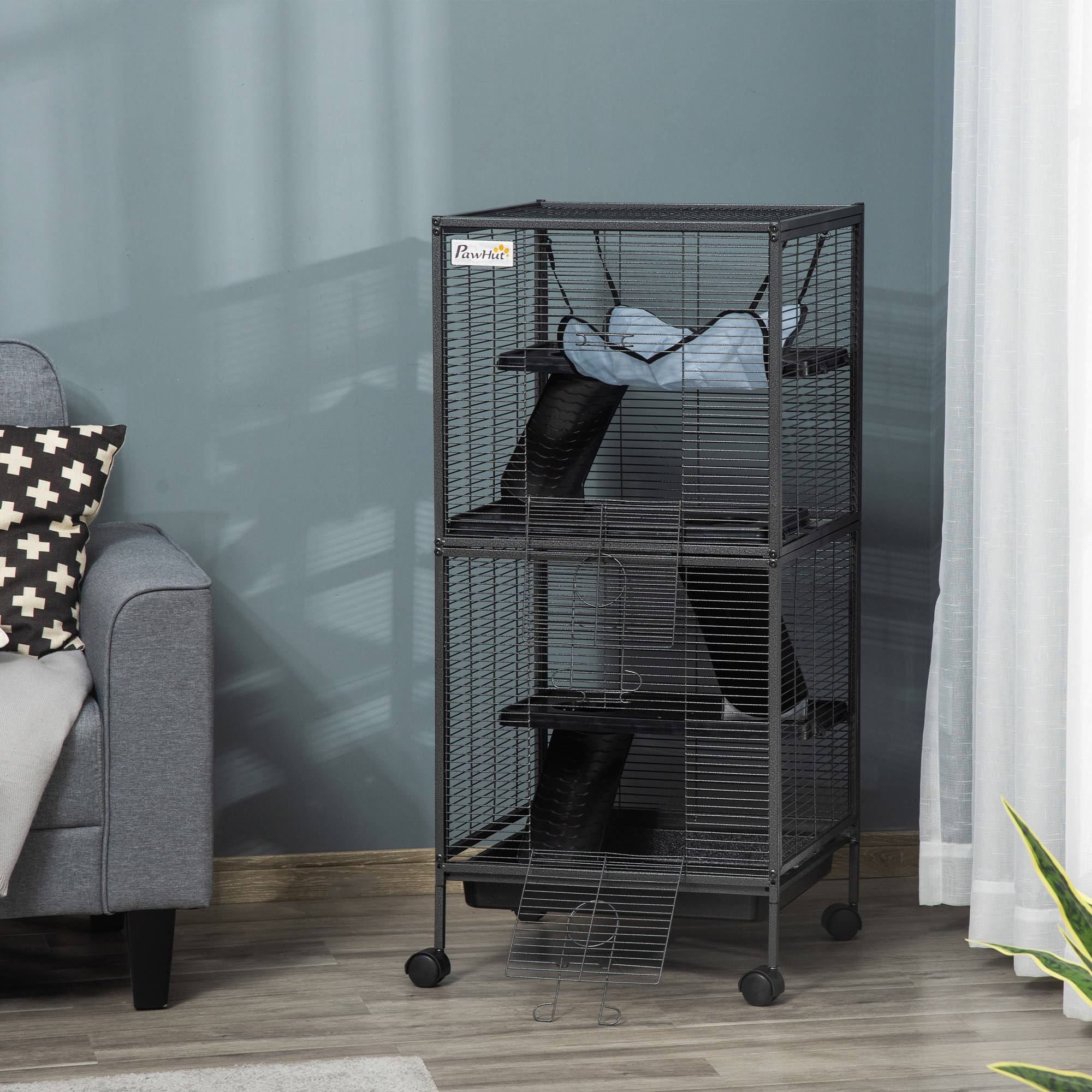 Cage Métal 3 Niveaux Pour Cobayes Chinchillas Avec Roues 52x52x114cm Gris - ComfortXL Outdoor Living - Image 4