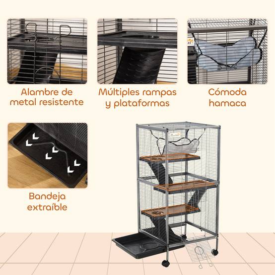 Cage Métal 3 Niveaux Pour Cobayes Chinchillas Avec Roues 52x52x114cm Gris - ComfortXL Outdoor Living - Image 8