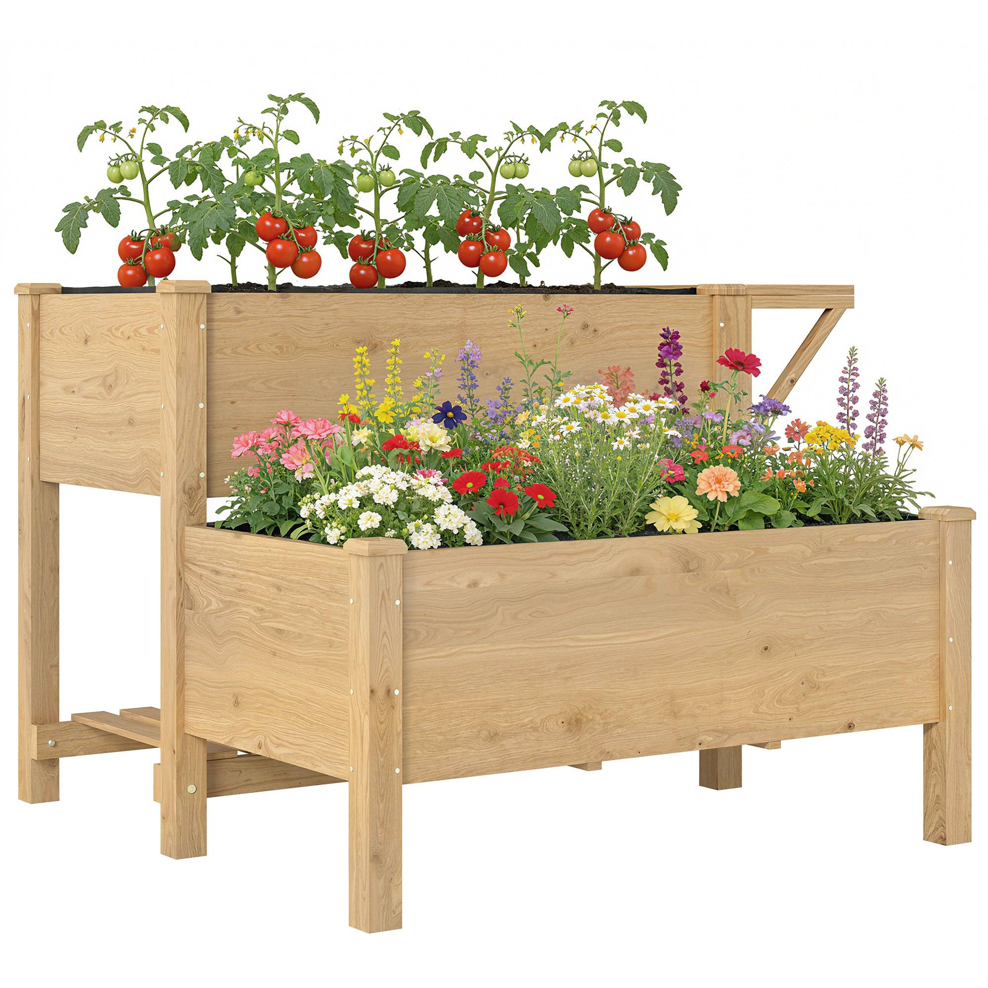 Jardinière surélevée 2 niveaux, tissu non tissé, drainage, bois, 119,5x102x76,5 cm, brun clair - Image 1