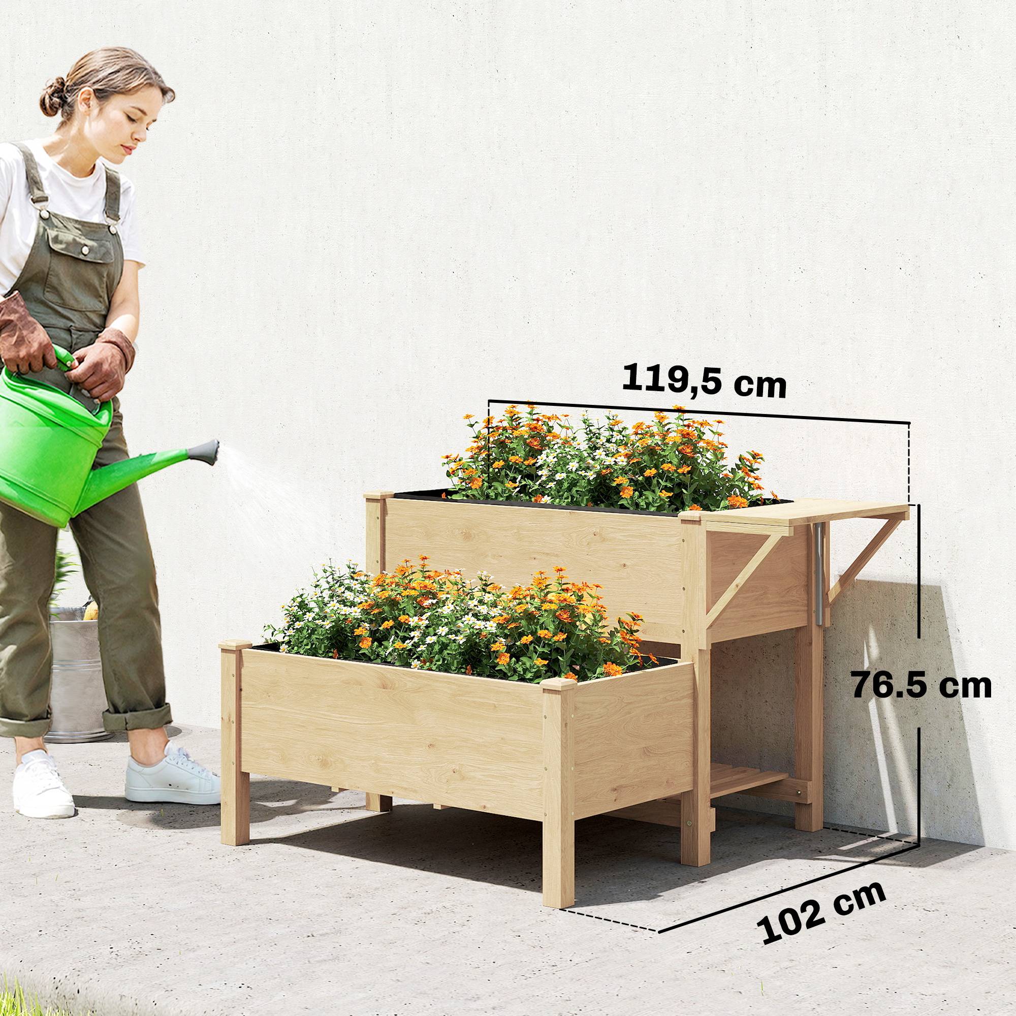 Jardinière surélevée 2 niveaux, tissu non tissé, drainage, bois, 119,5x102x76,5 cm, brun clair - Image 5