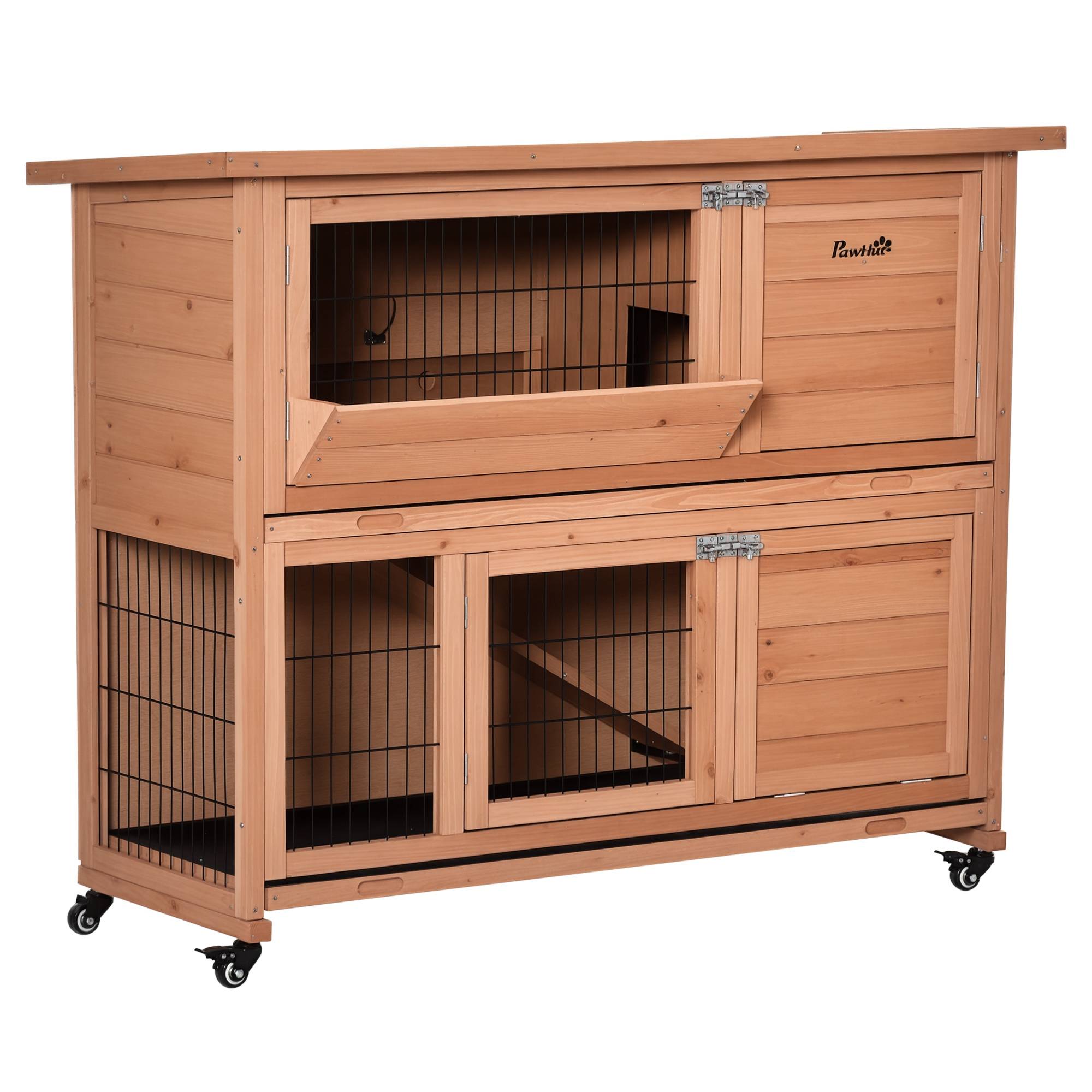 Clapier double lapins bois extérieur roulettes plateaux tiroirs amovibles 122x50x101cm - ComfortXL Outdoor Living - Image 1