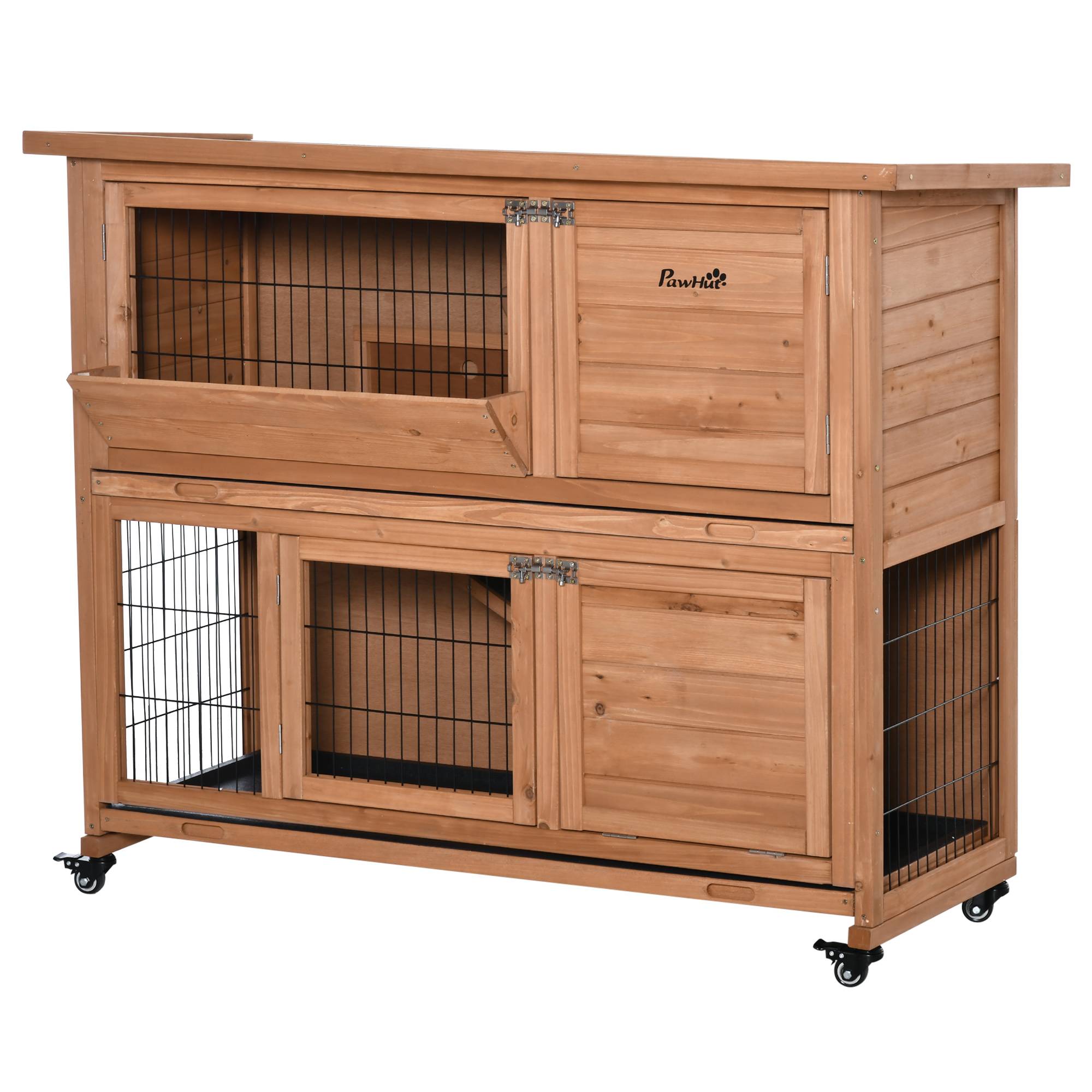 Clapier double lapins bois extérieur roulettes plateaux tiroirs amovibles 122x50x101cm - ComfortXL Outdoor Living - Image 2