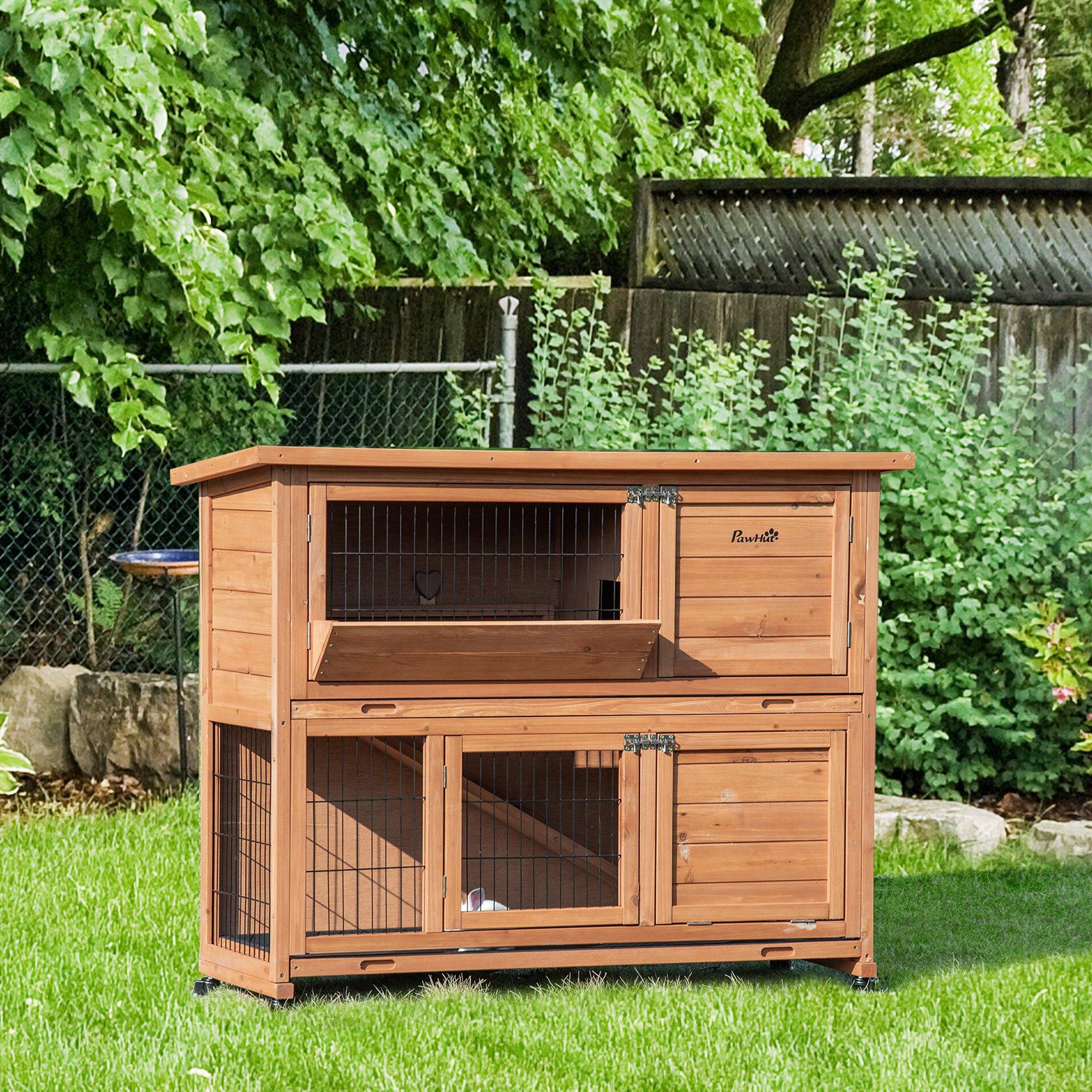 Clapier double lapins bois extérieur roulettes plateaux tiroirs amovibles 122x50x101cm - ComfortXL Outdoor Living - Image 3