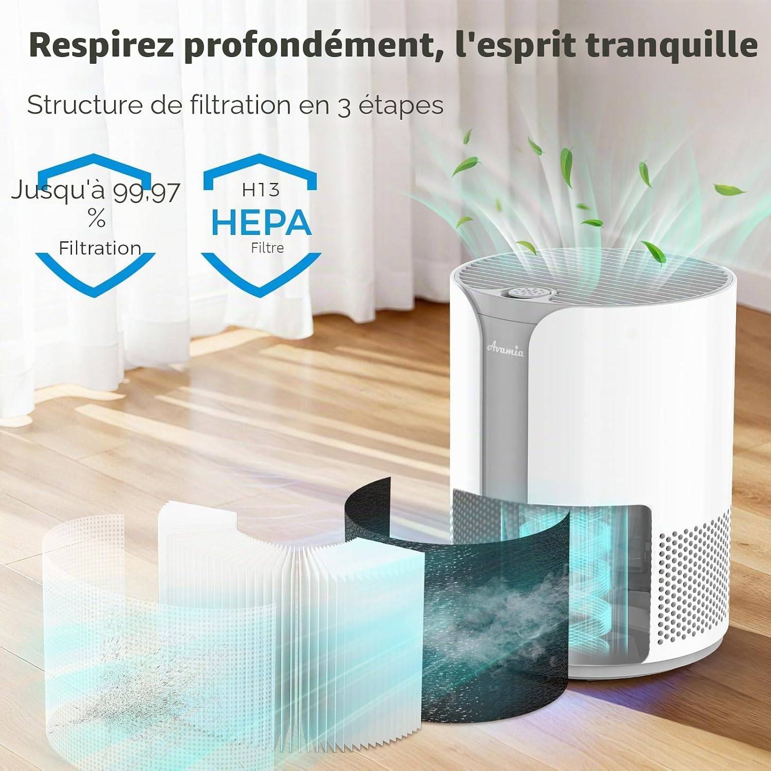 Sans Marque - Purificateur d’air, HEPA, 3 vitesses, 22 dB, minuterie 4/8 h, blanc – Avamia - Image 2