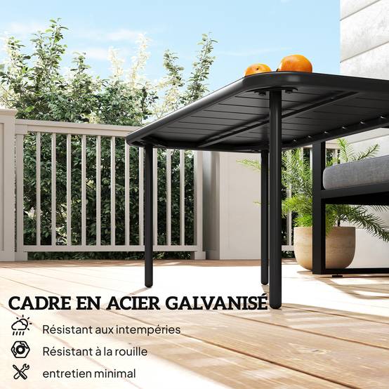 Table Basse de Jardin en Acier Galvanisé, Plateau à Lattes, Table Rectangulaire aux Angles Arrondis, 90x50x43cm, Noir - Image 6