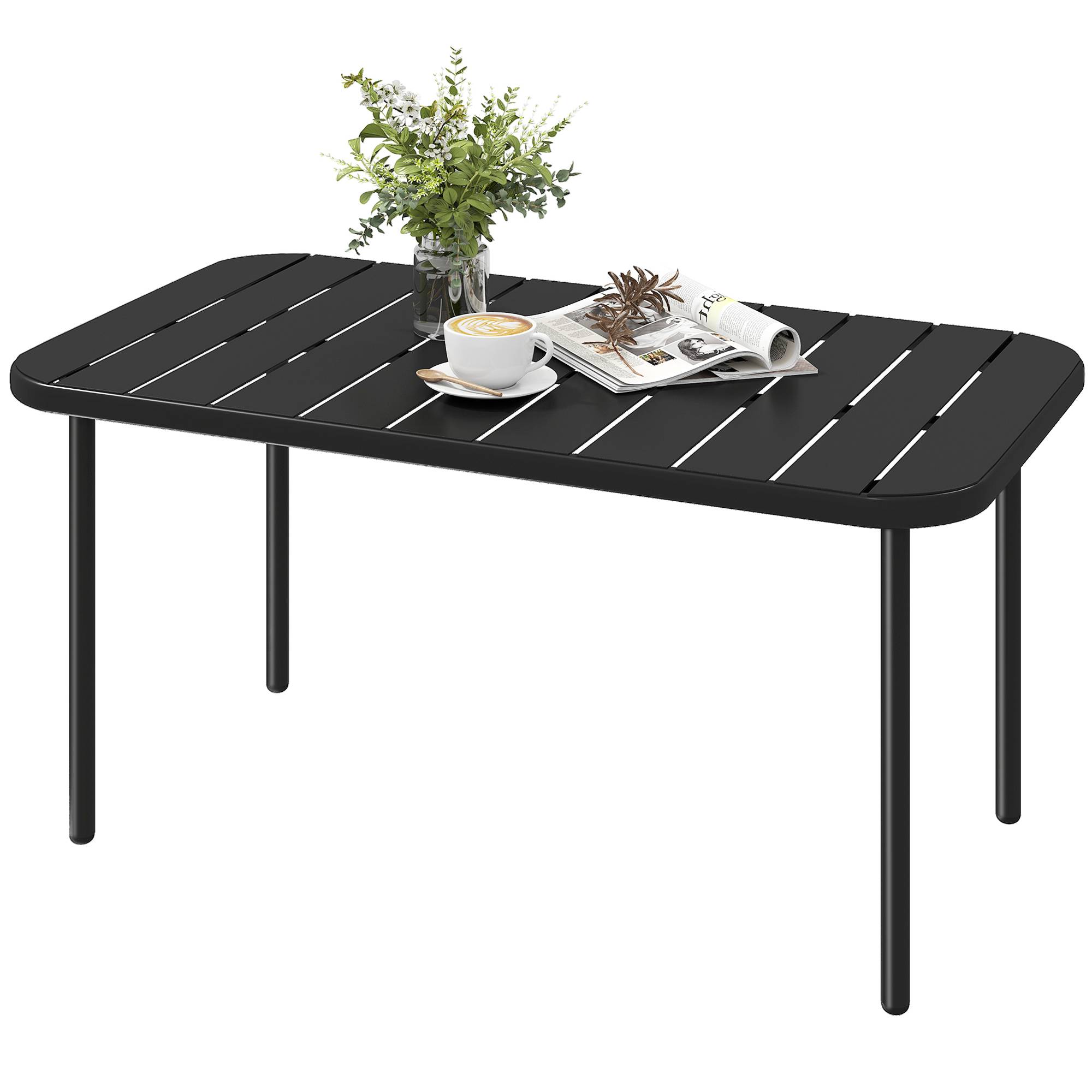 Table Basse de Jardin en Acier Galvanisé, Plateau à Lattes, Table Rectangulaire aux Angles Arrondis, 90x50x43cm, Noir - Image 2