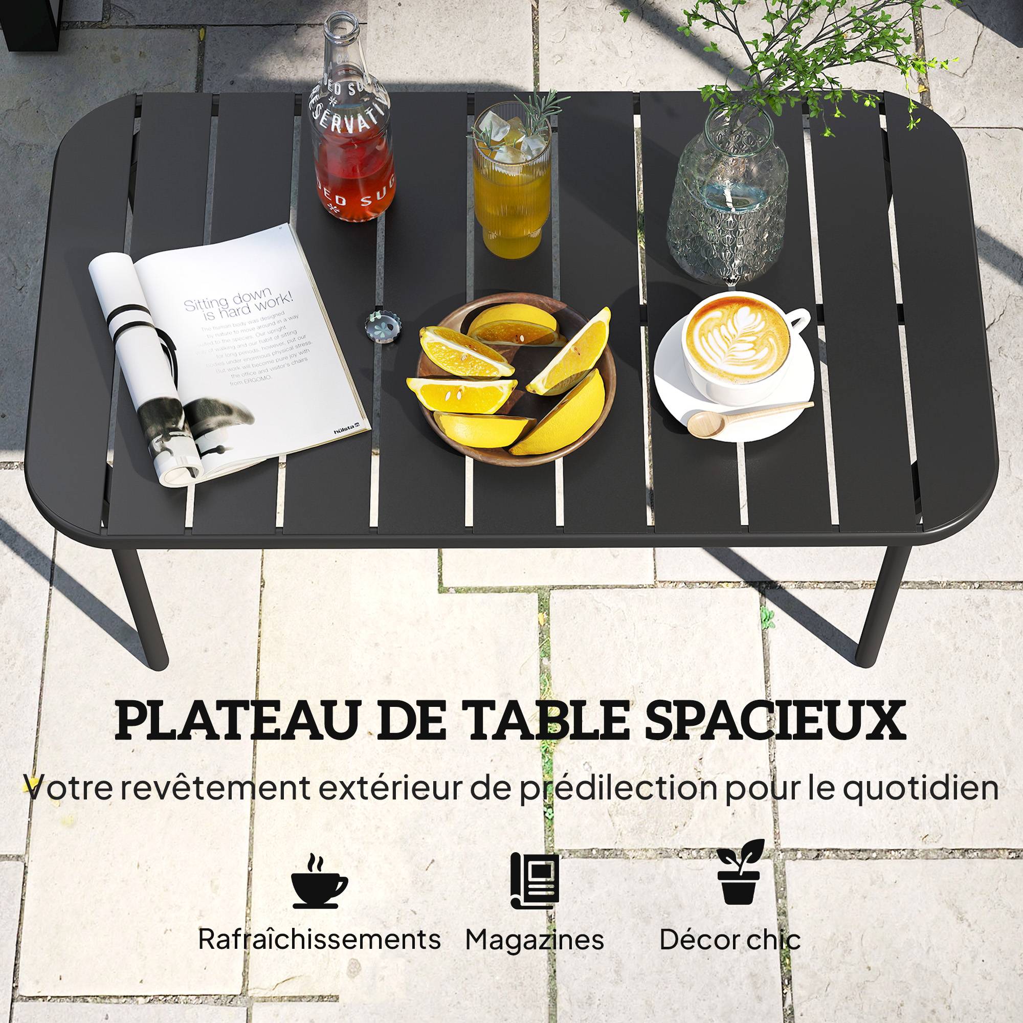 Table Basse de Jardin en Acier Galvanisé, Plateau à Lattes, Table Rectangulaire aux Angles Arrondis, 90x50x43cm, Noir - Image 8