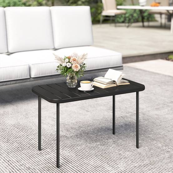 Table Basse de Jardin en Acier Galvanisé, Plateau à Lattes, Table Rectangulaire aux Angles Arrondis, 90x50x43cm, Noir - Image 4