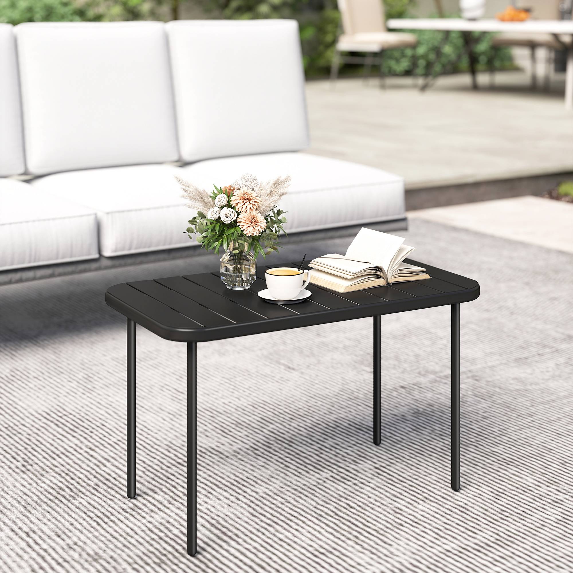 Table Basse de Jardin en Acier Galvanisé, Plateau à Lattes, Table Rectangulaire aux Angles Arrondis, 90x50x43cm, Noir - Image 4