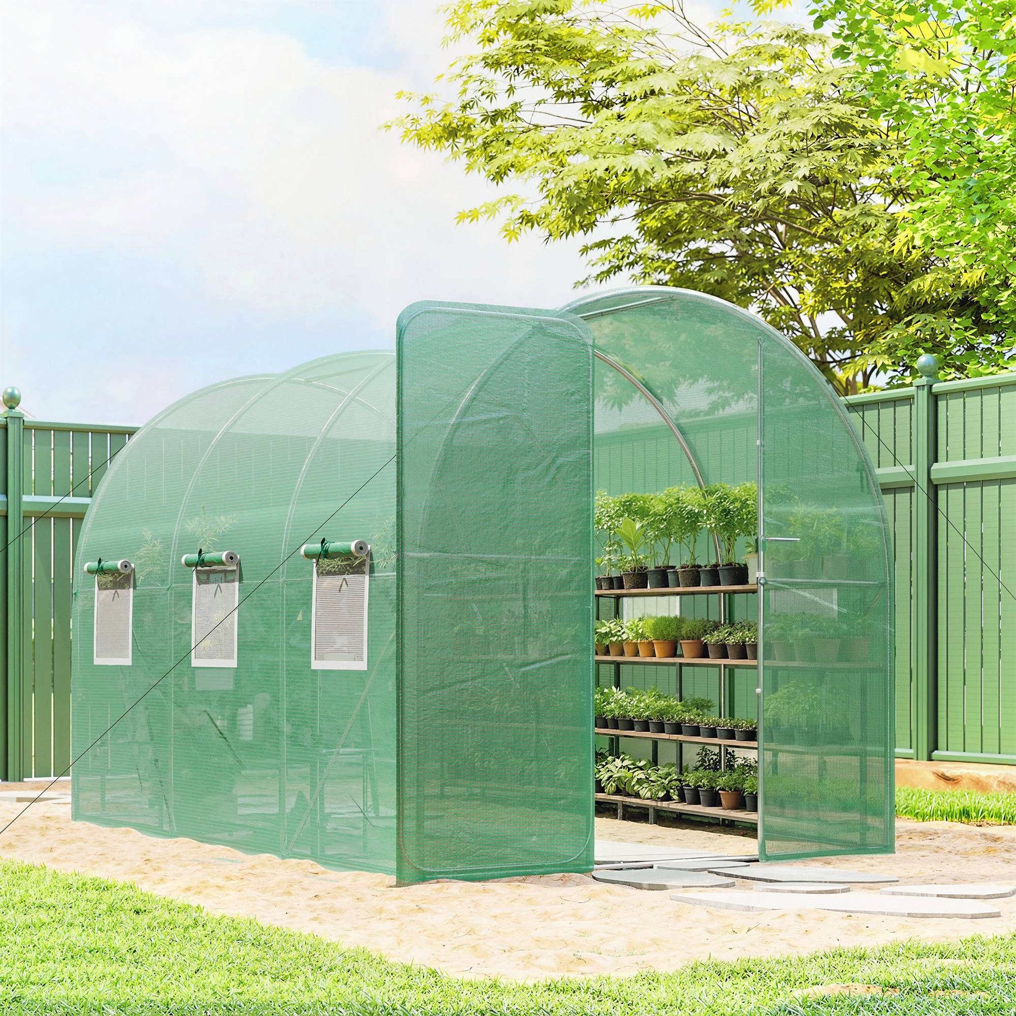 Outsunny - Serre tunnel de jardin - 6m², 200x300x200cm - porte et 8 fenêtres - bâche PE haute densité 140 g/m² - pour extérieur - vert - Outsunny - Image 2