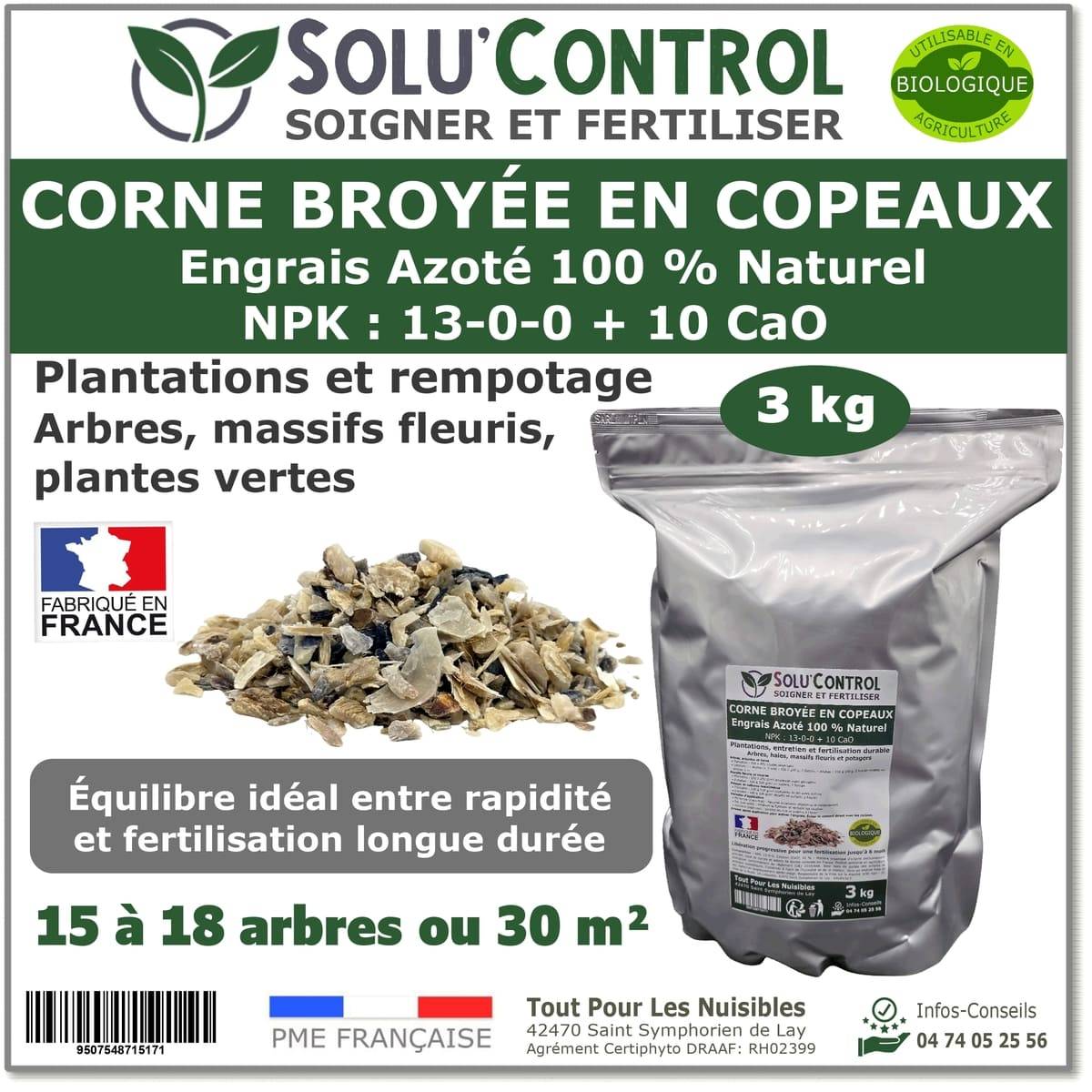 Tout pour les nuisibles - SOLU’CONTROL - 3 kg de Corne Broyée en Copeaux - Engrais Azoté 100 % Naturel - Fertilisation Équilibrée pour Arbustes, Haies et Massifs Fleuris