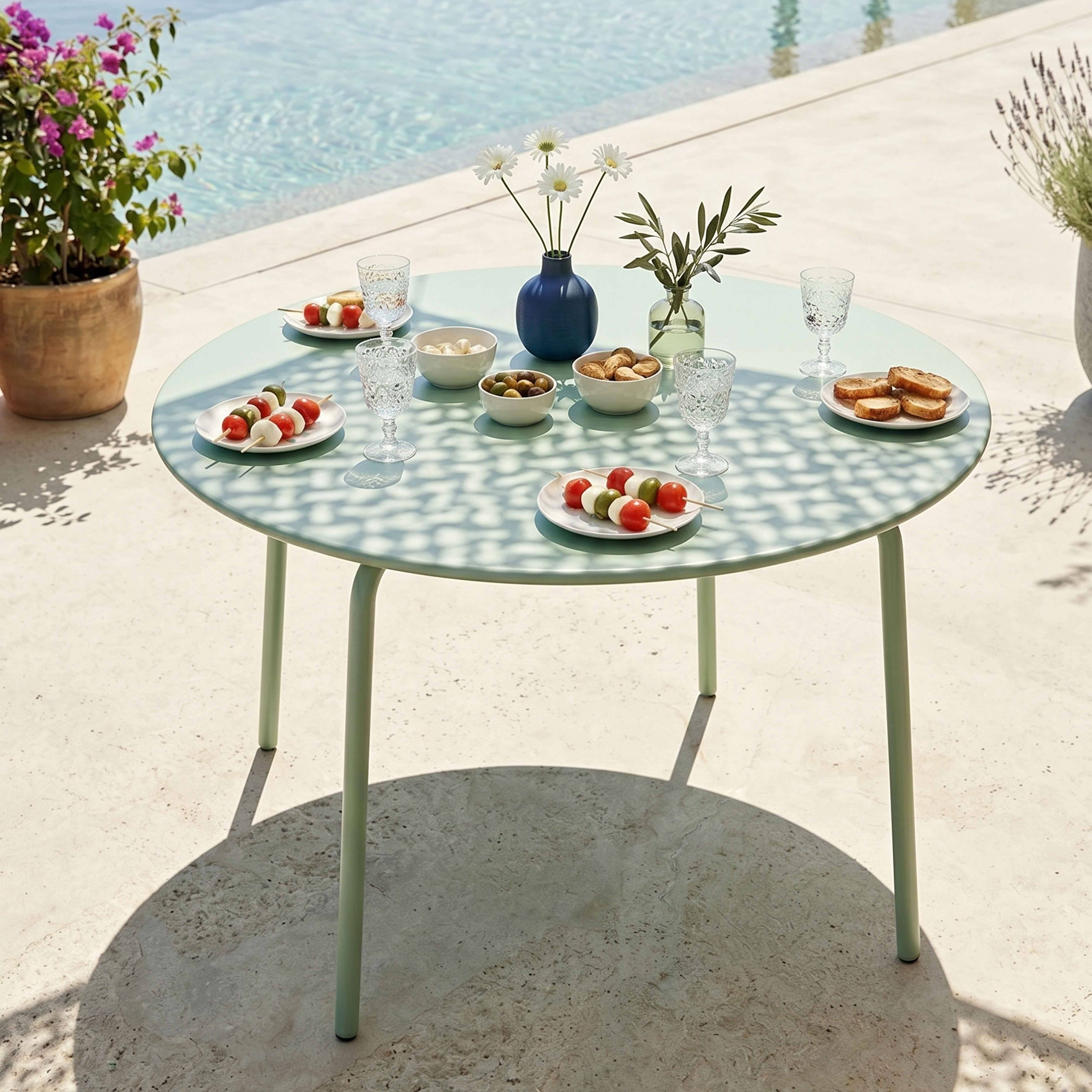 Oviala - Ensemble table de jardin ronde et 6 chaises en métal vert sauge Palavas - Oviala - Imagen 3