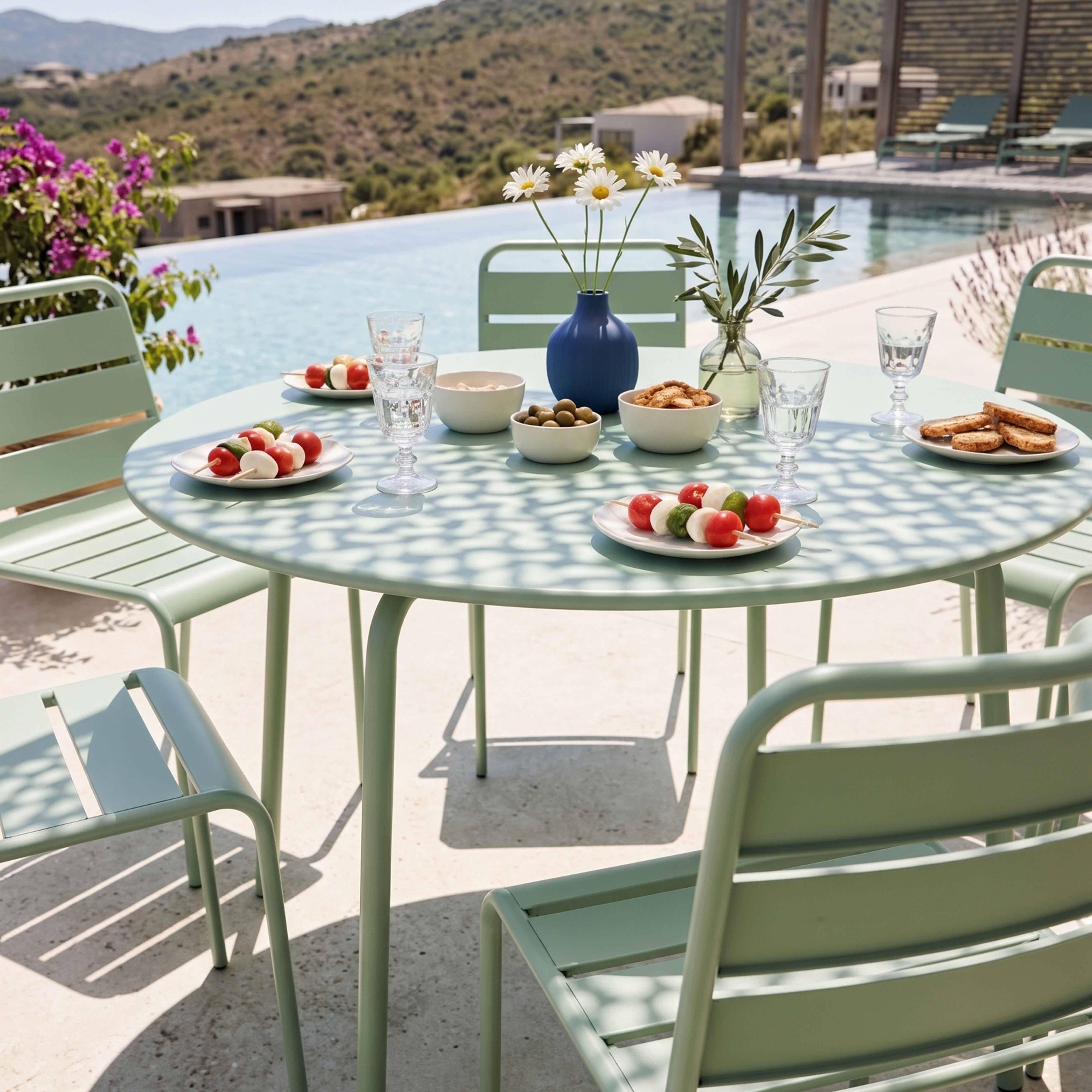 Oviala - Ensemble table de jardin ronde et 6 chaises en métal vert sauge Palavas - Oviala - Imagen 4