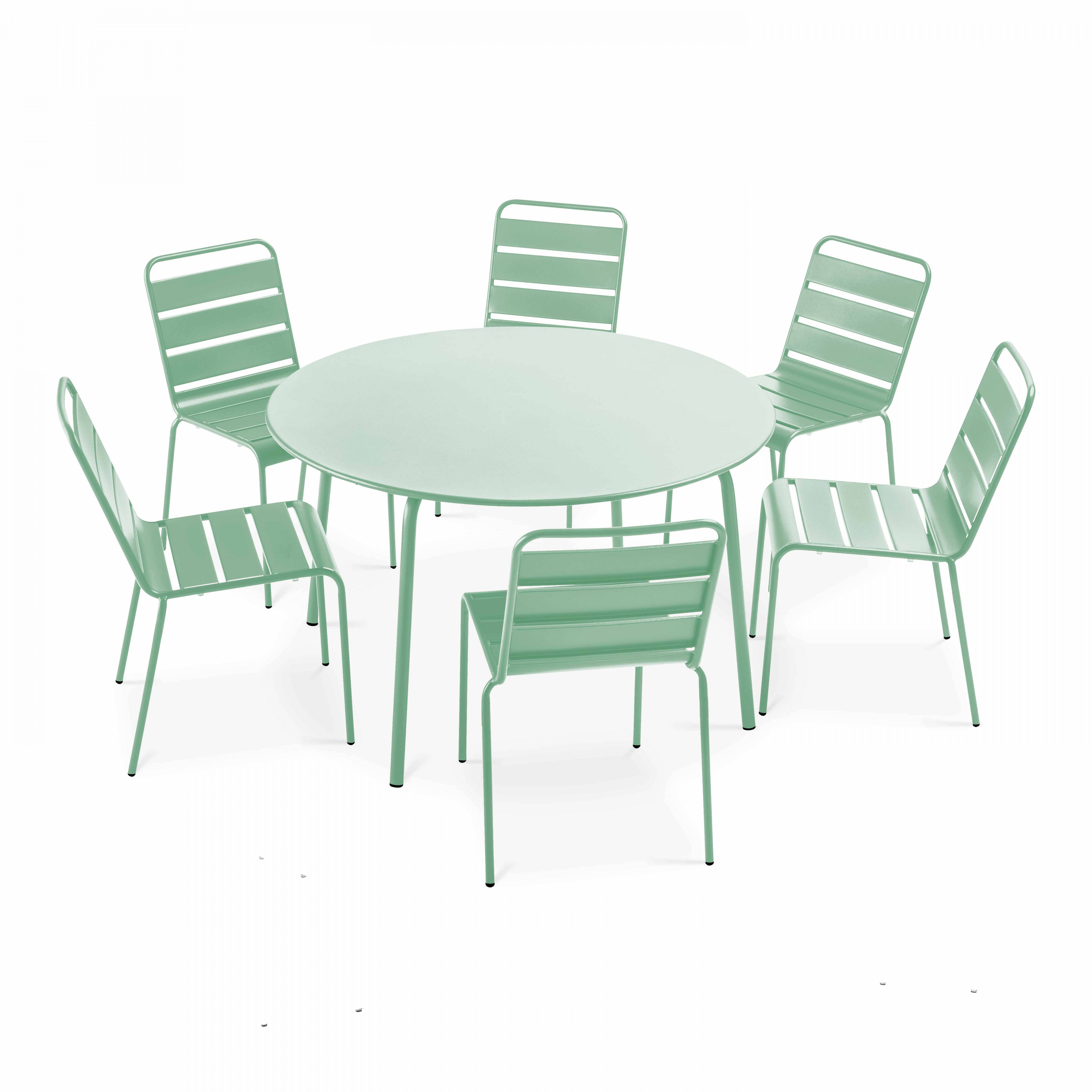 Oviala - Ensemble table de jardin ronde et 6 chaises en métal vert sauge Palavas - Oviala - Imagen 1