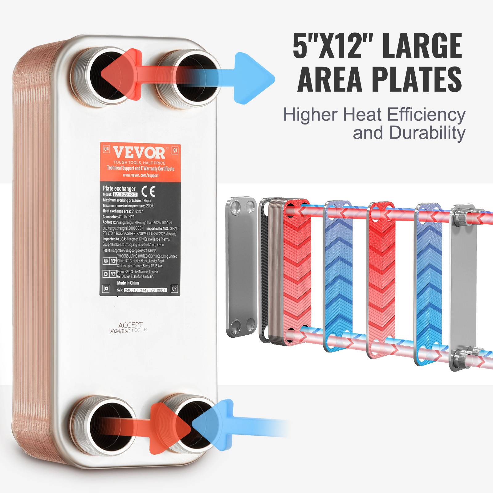 Vevor - VEVOR Échangeur chaleur plaques brasées, 30 plaques, 127x305 mm. Cuivre/inox 316L, chauffage. - Image 4