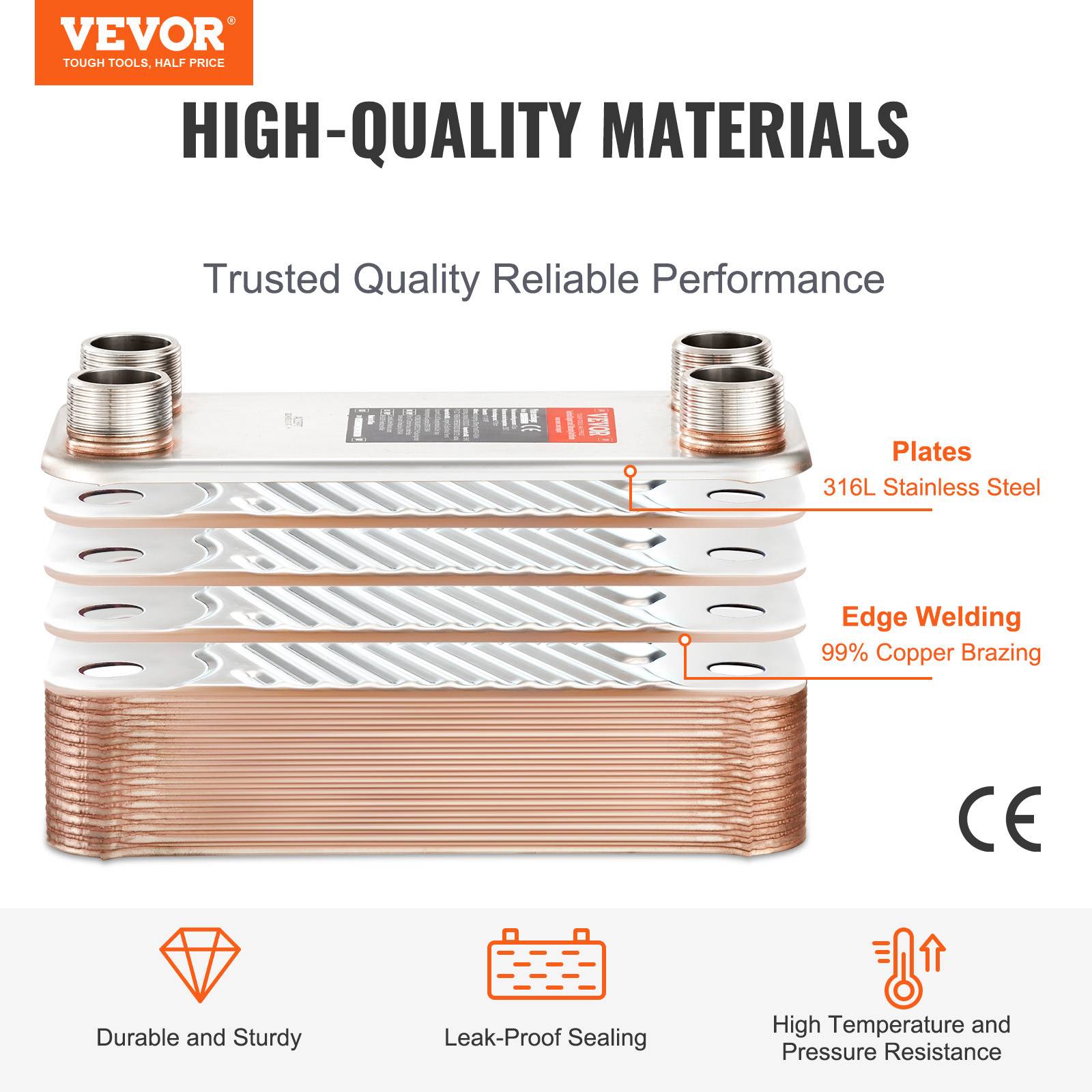 Vevor - VEVOR Échangeur chaleur plaques brasées, 30 plaques, 127x305 mm. Cuivre/inox 316L, chauffage. - Image 2