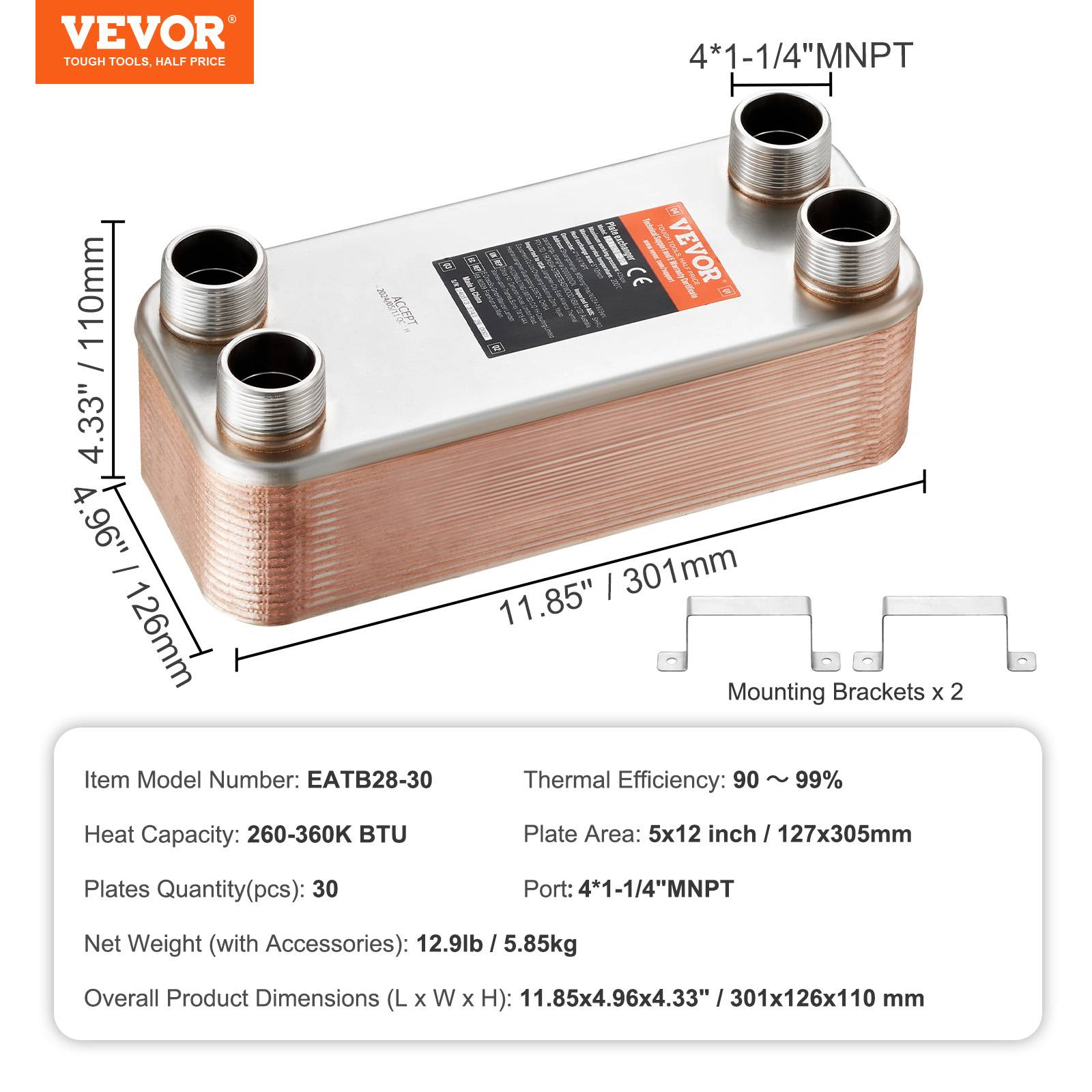 Vevor - VEVOR Échangeur chaleur plaques brasées, 30 plaques, 127x305 mm. Cuivre/inox 316L, chauffage. - Image 7