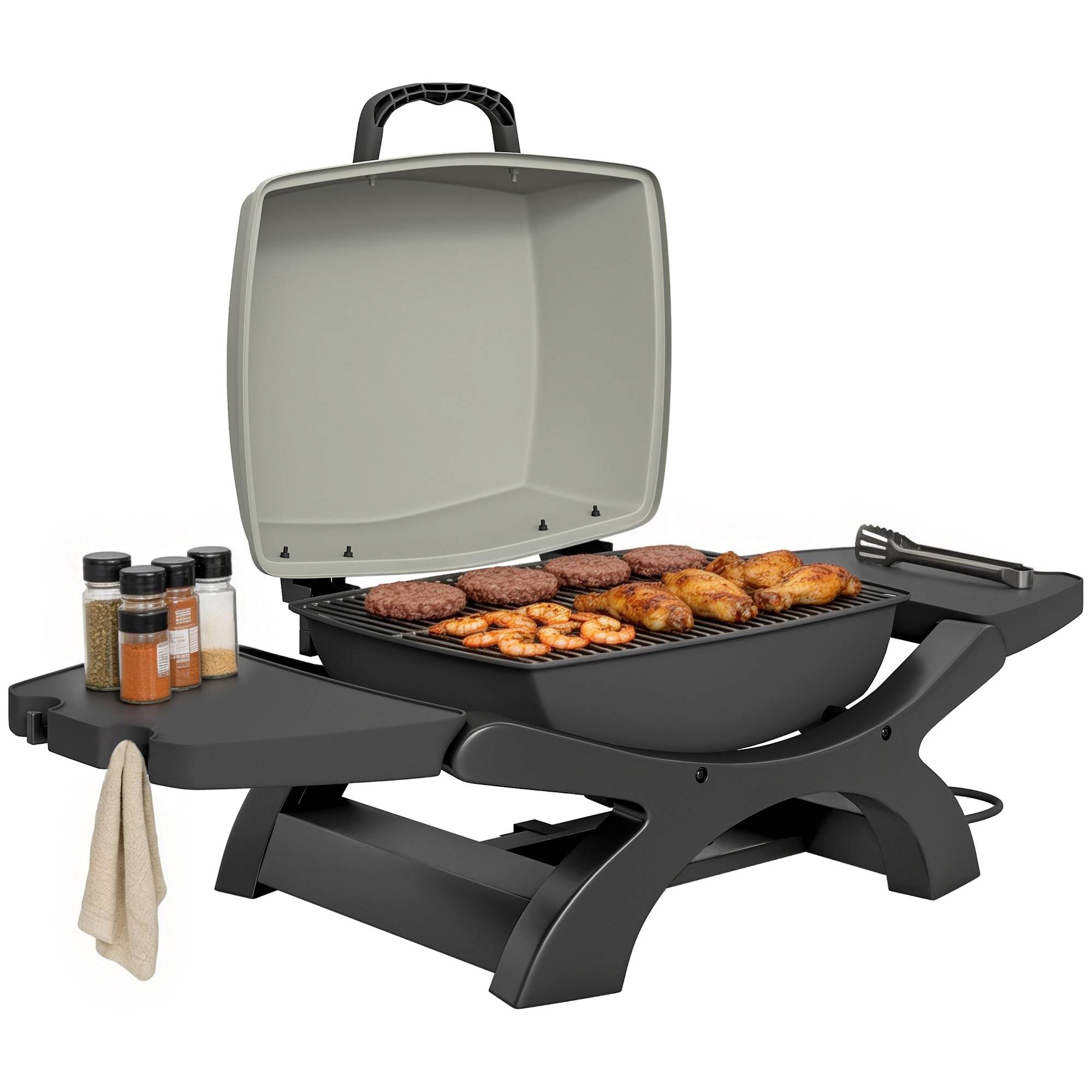 Barbecue électrique 2300W portable de table étagères latérales, noir