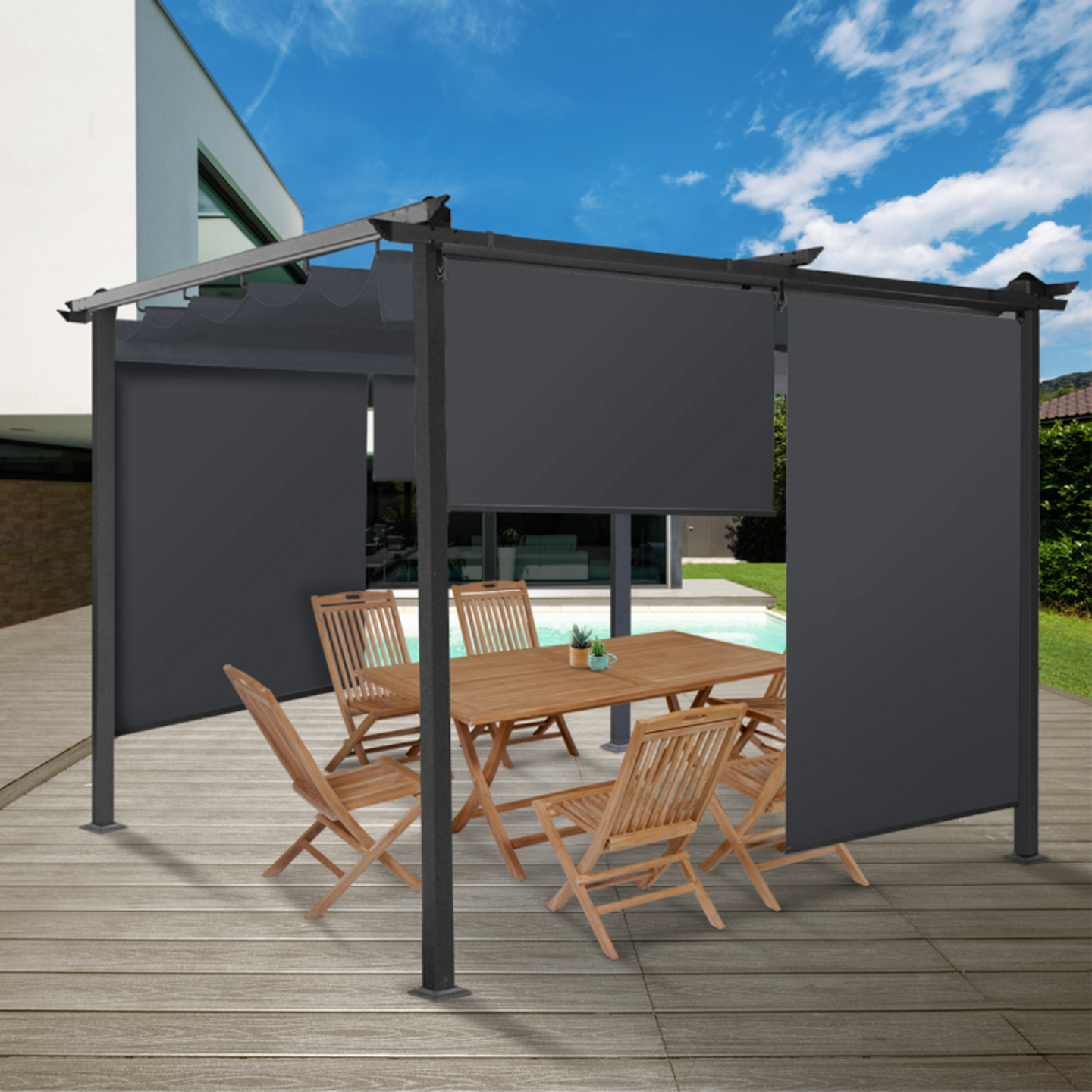 Lot de 3 stores enrouleurs L.124 x H. 225 CM pour pergola gris anthracite - Image 1