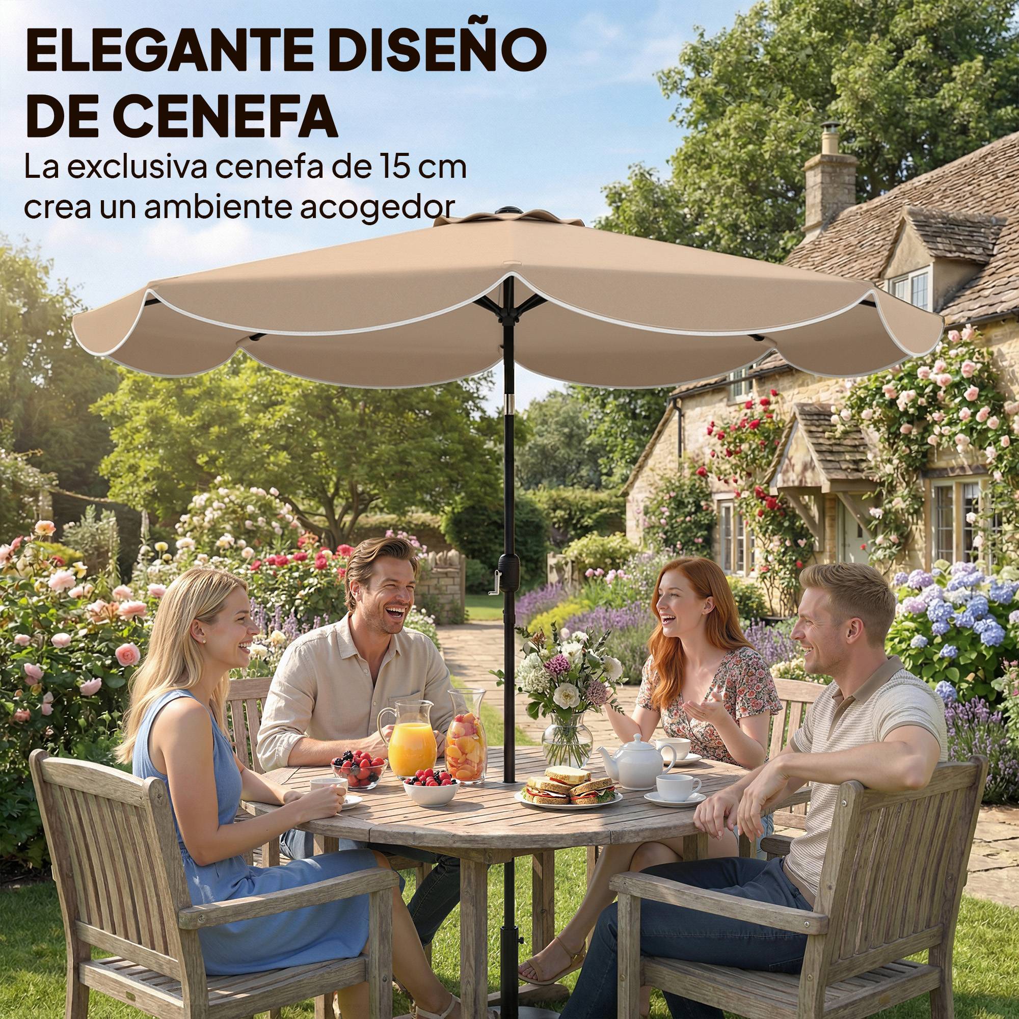 Parasol de terrasse extérieur Ø2,7 m avec manivelle et poignée réglables sur 3 positions, couleur kaki - Image 6