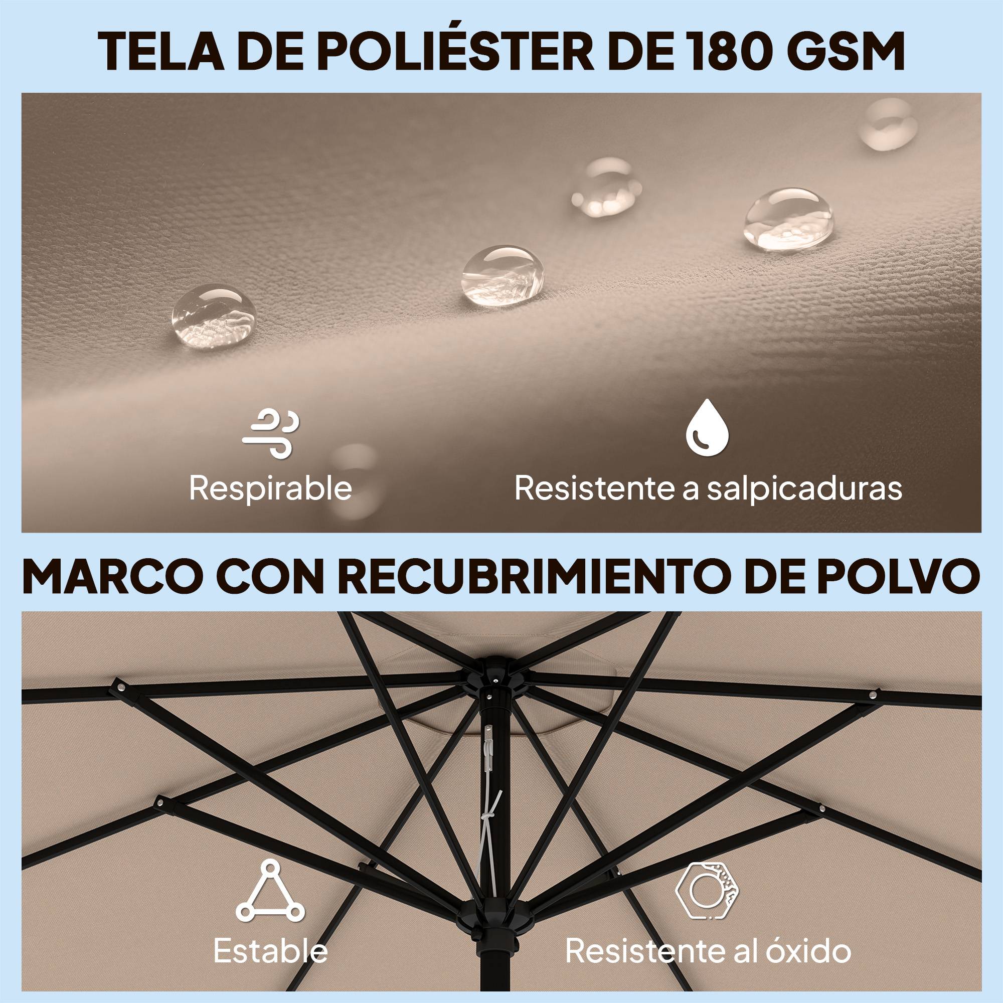 Parasol de terrasse extérieur Ø2,7 m avec manivelle et poignée réglables sur 3 positions, couleur kaki - Image 9