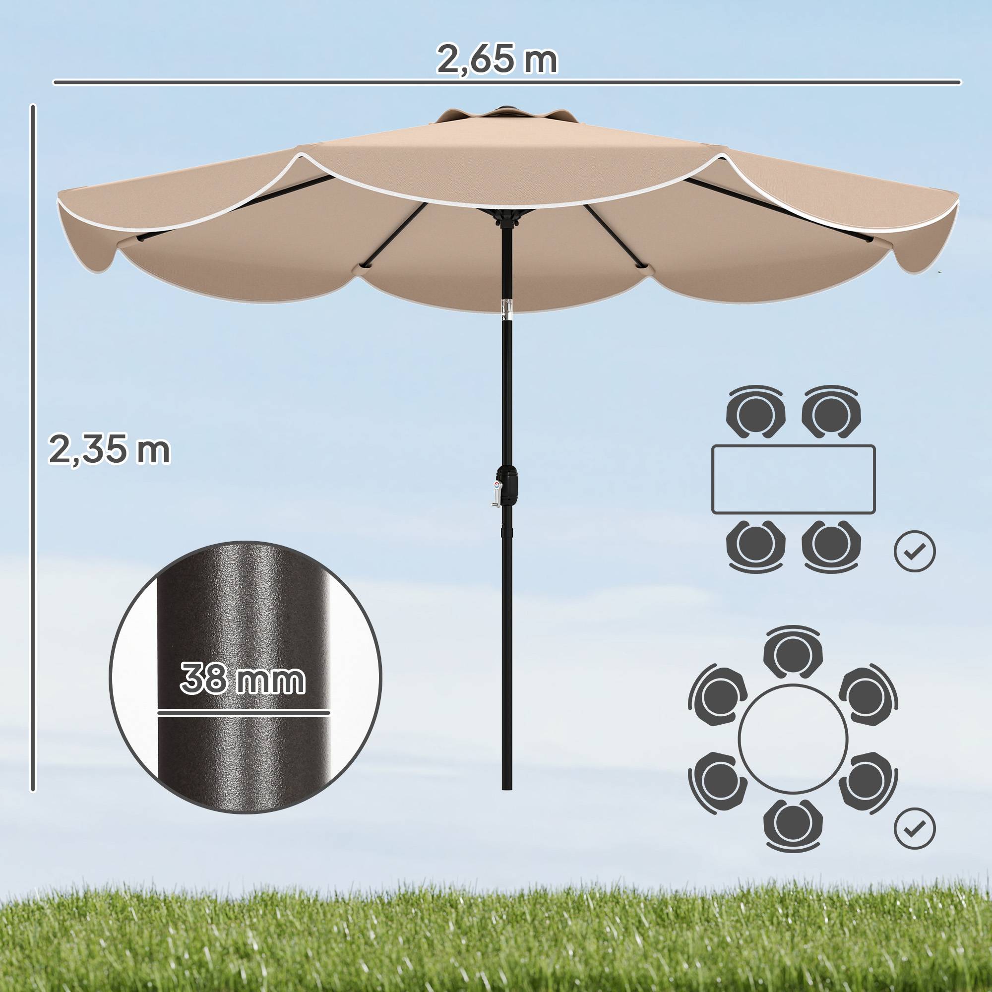 Parasol de terrasse extérieur Ø2,7 m avec manivelle et poignée réglables sur 3 positions, couleur kaki - Image 5