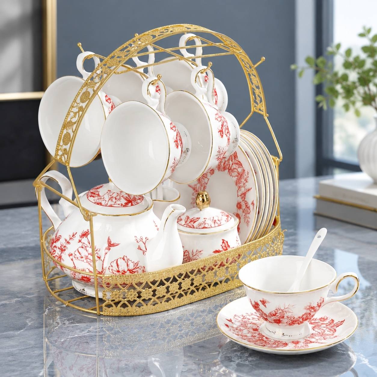 Service à Café et Thé en Porcelaine 21 Pièces Feuilles Rouges Vintage avec Support et Cuillères - Image 5