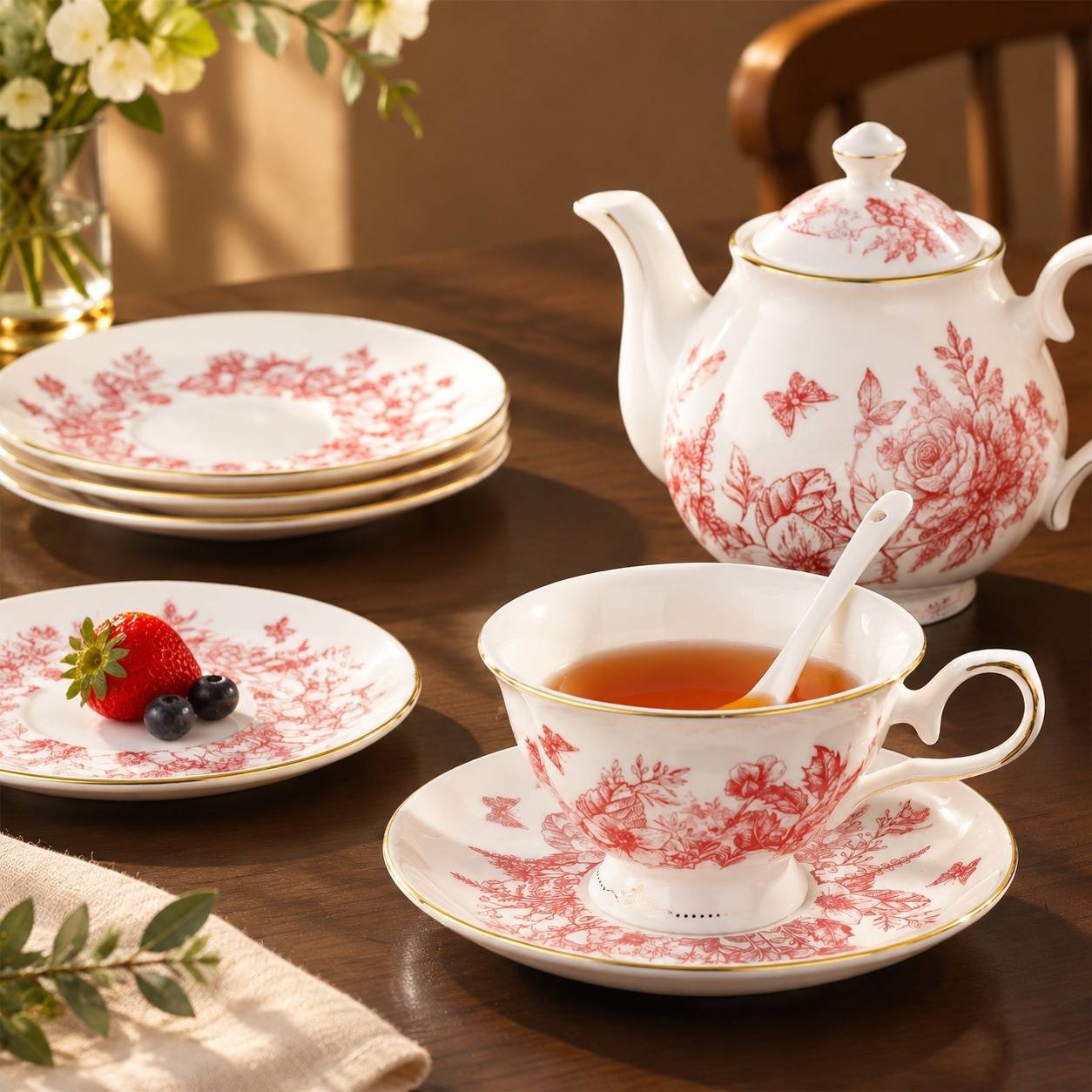 Service à Café et Thé en Porcelaine 21 Pièces Feuilles Rouges Vintage avec Support et Cuillères - Image 3