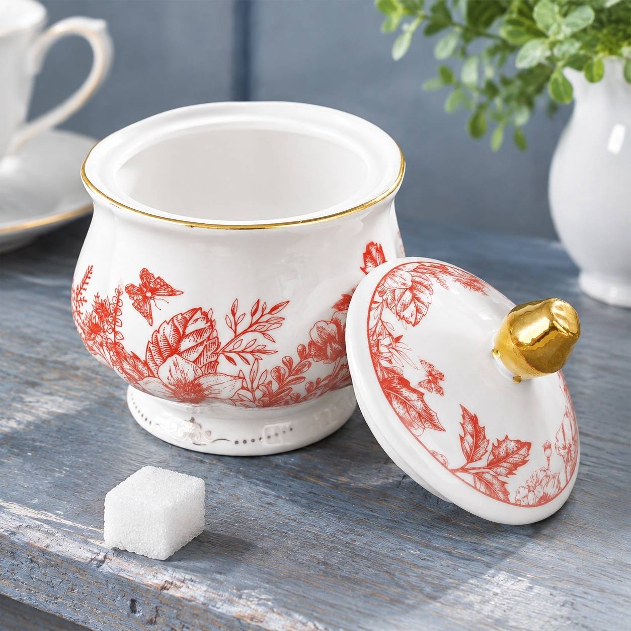 Service à Café et Thé en Porcelaine 21 Pièces Feuilles Rouges Vintage avec Support et Cuillères - Image 4