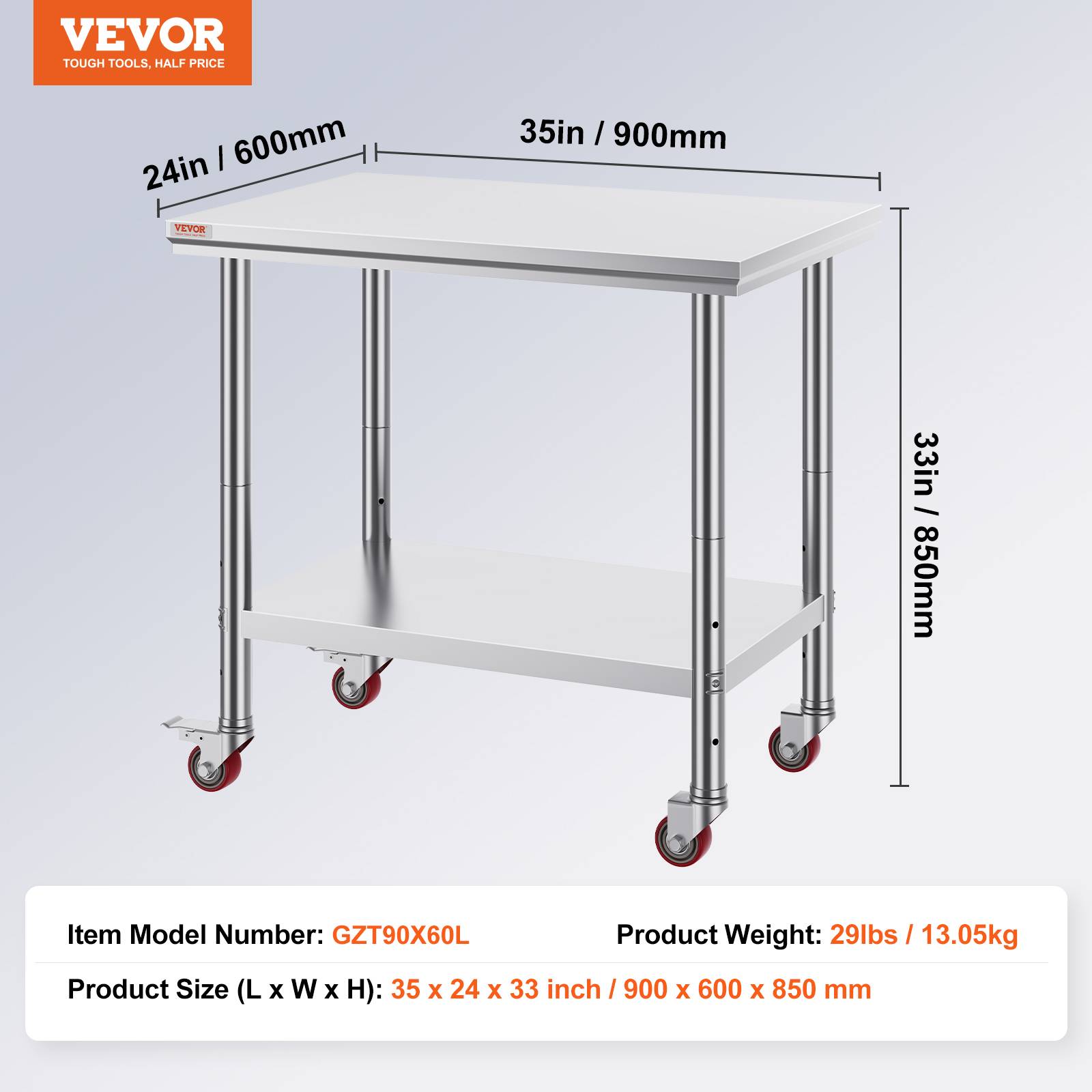 VEVOR Table de Travail en Acier Inoxydable Commerciale 90x60 cm avec 4 Roulettes - Image 7