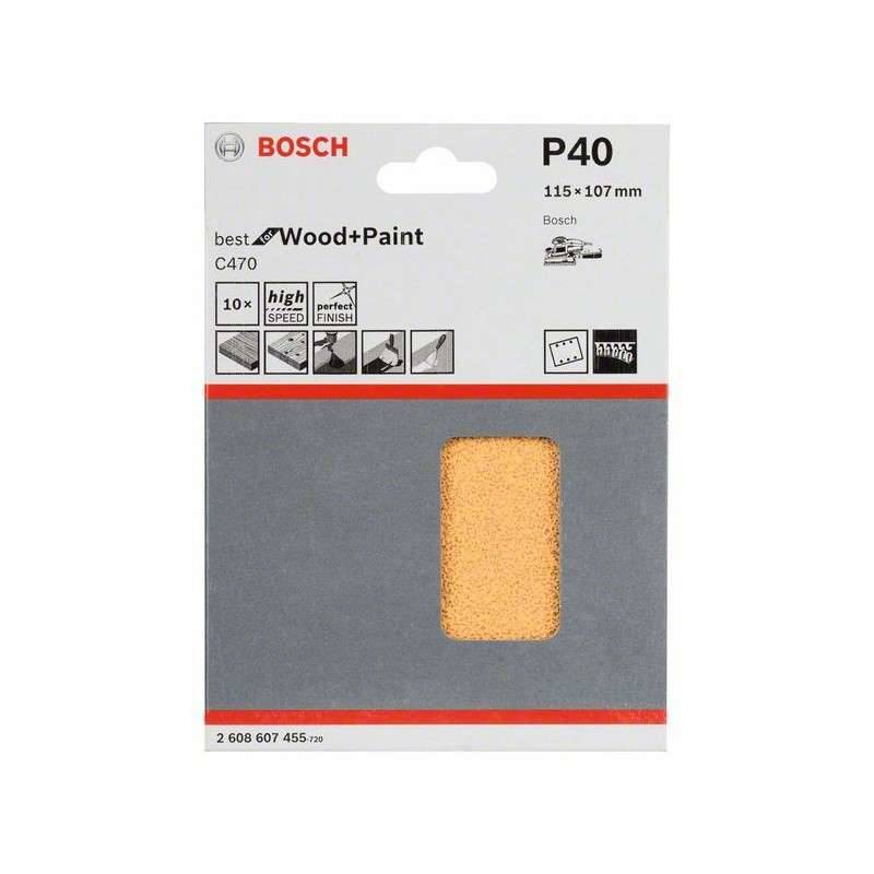Bosch - 10 feuilles abrasives BOSCH C470 pour ponceuse vibrante 115 x 107 mm Best for Wood and Paint 6 trous - taille  - BOSCH ACCESSOIRES - Imagen 2