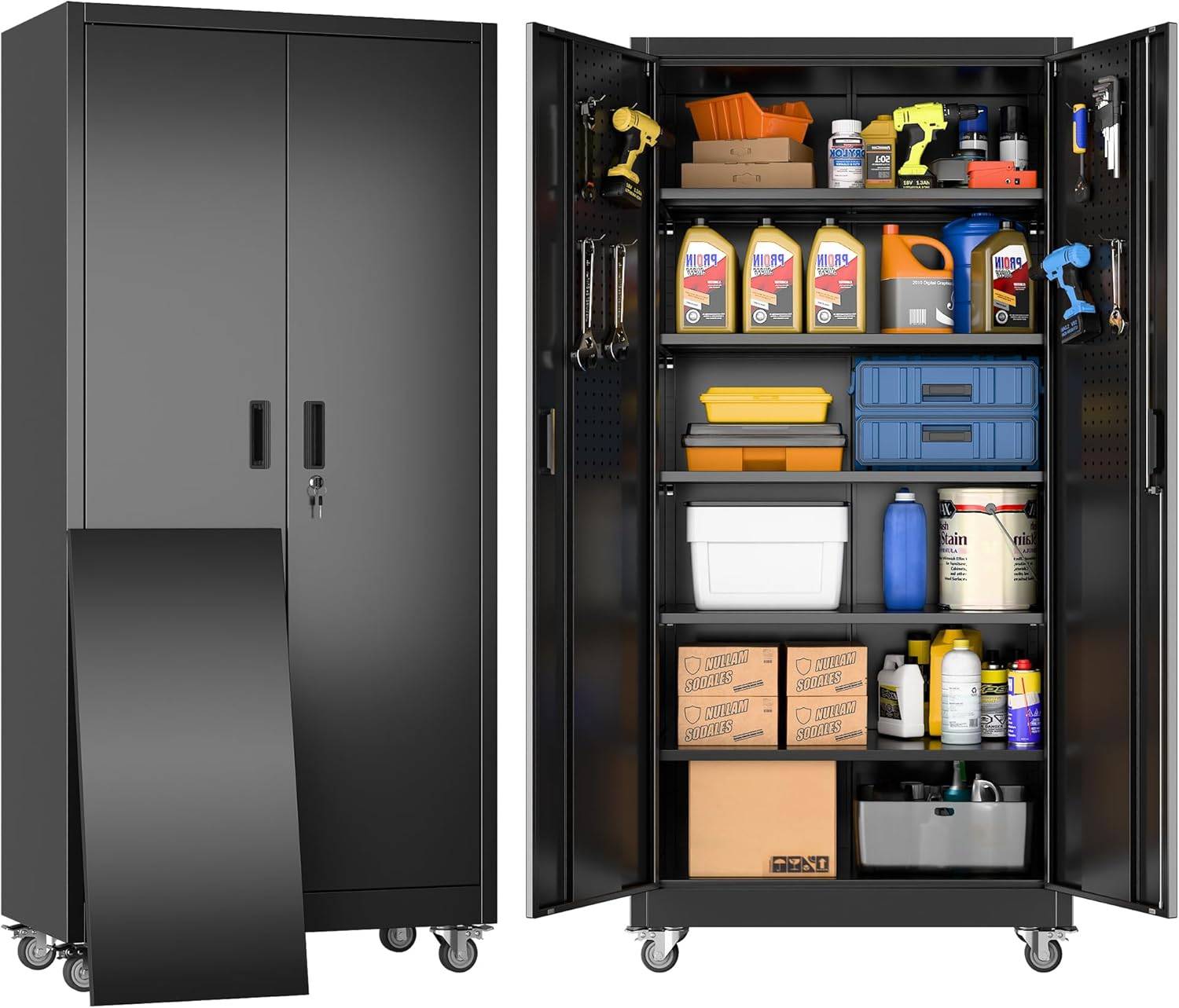 Armoire métallique noire avec panneau perforé et roulettes verrouillables (180 x 80 x 40 cm) - Image 1