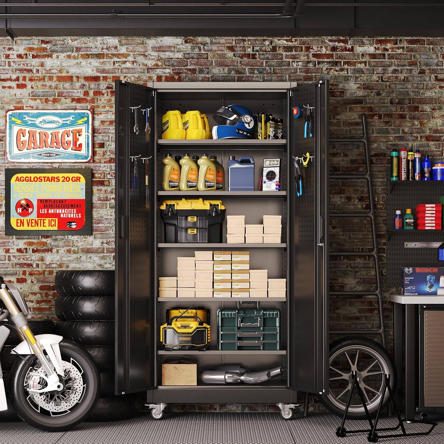 Armoire métallique noire avec panneau perforé et roulettes verrouillables (180 x 80 x 40 cm) - Image 3