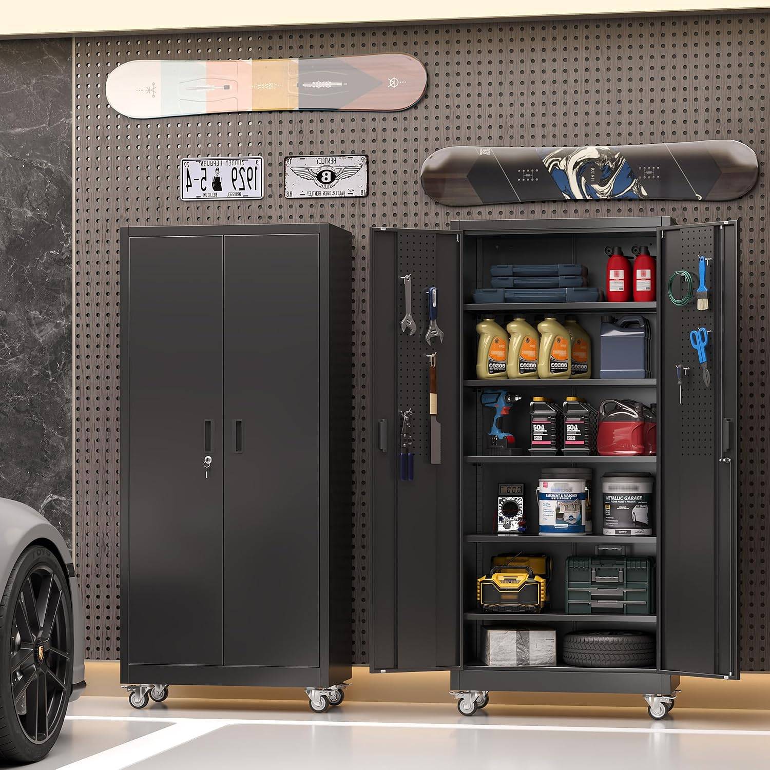 Armoire métallique noire avec panneau perforé et roulettes verrouillables (180 x 80 x 40 cm) - Image 2