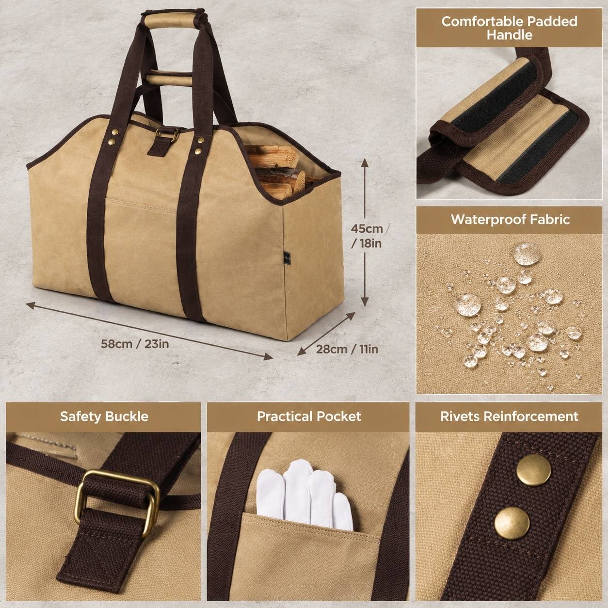 Sac Porte-Bûches Toile Imperméable Poignées et Bandoulière - Image 3