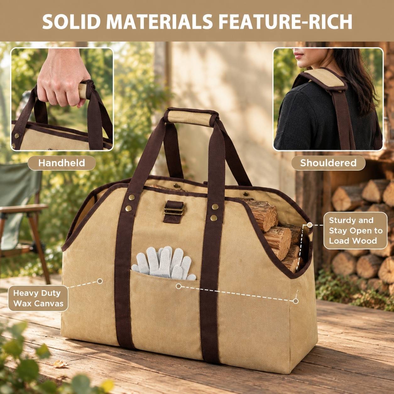 Sac Porte-Bûches Toile Imperméable Poignées et Bandoulière - Image 2