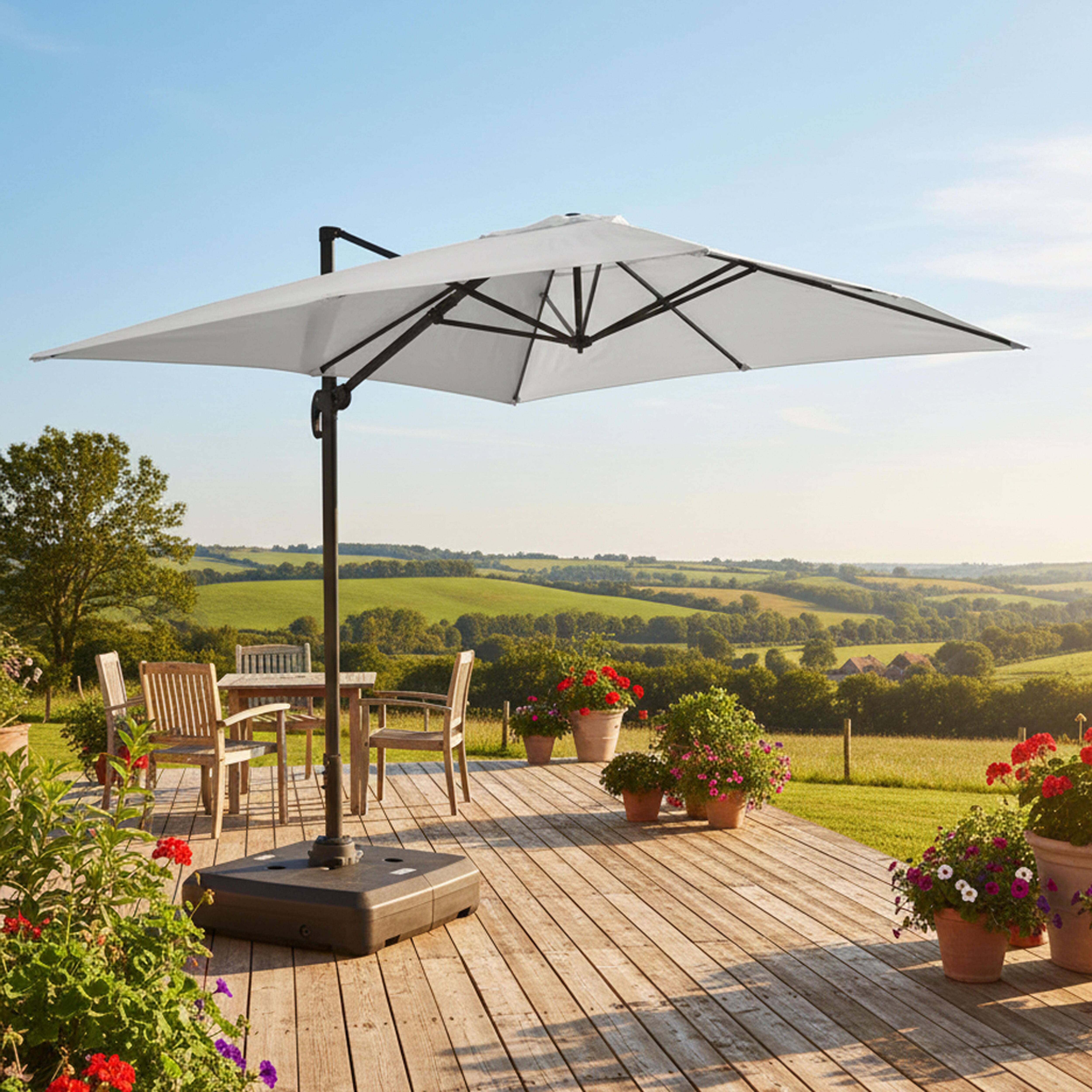 Oviala - Parasol déporté 4x3 m 360° inclinable + à lester sur roues blanc Caserta - Oviala - Imagen 2