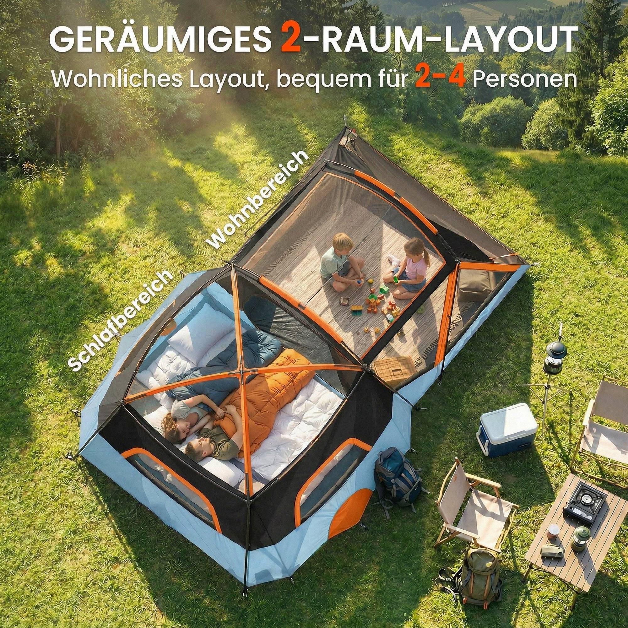 ComfortXL - Tente tunnel familiale polyester orange bleu 2 à 4 personnes hauteur 220 cm étanche 3000 mm pour camping - Image 4