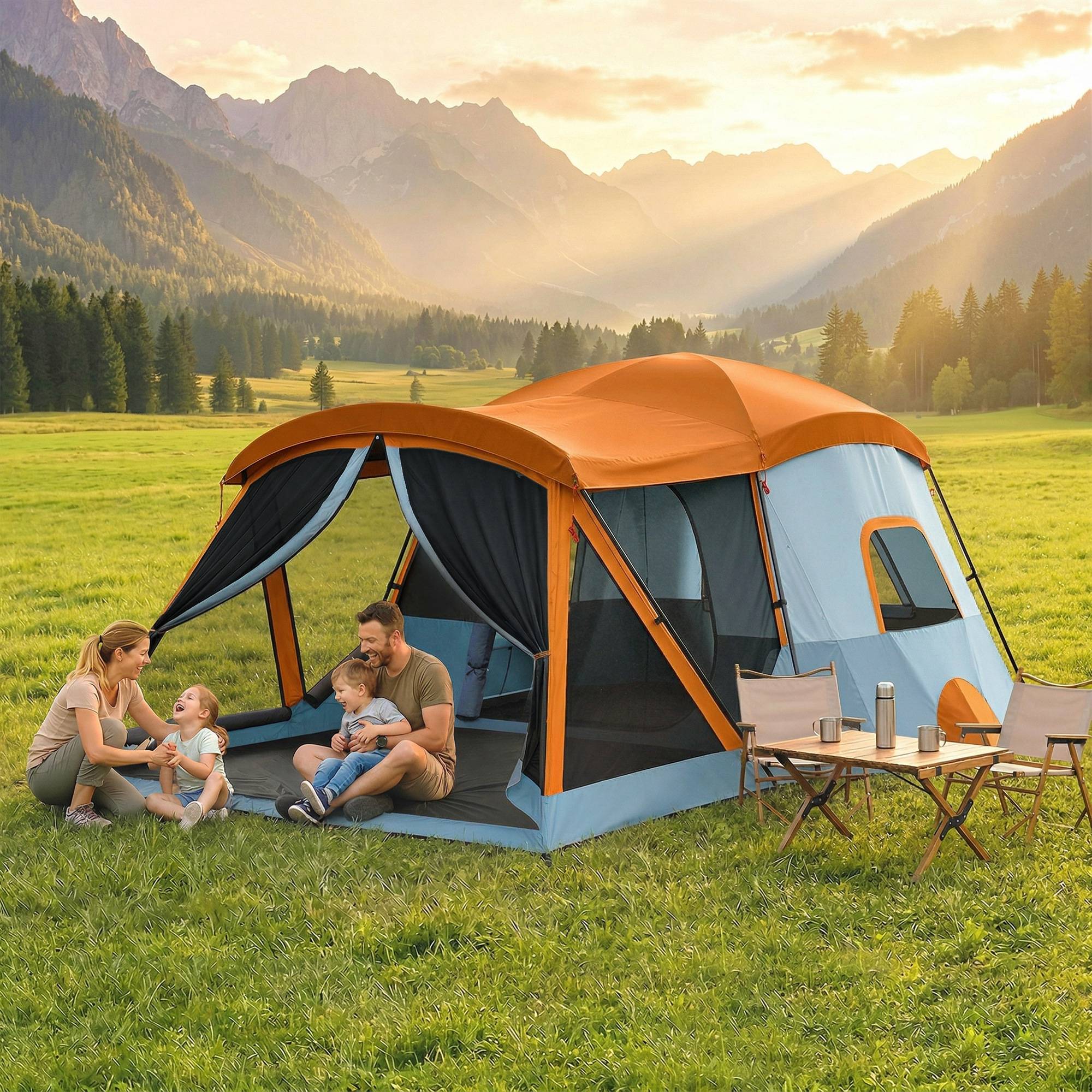 ComfortXL - Tente tunnel familiale polyester orange bleu 2 à 4 personnes hauteur 220 cm étanche 3000 mm pour camping - Image 1
