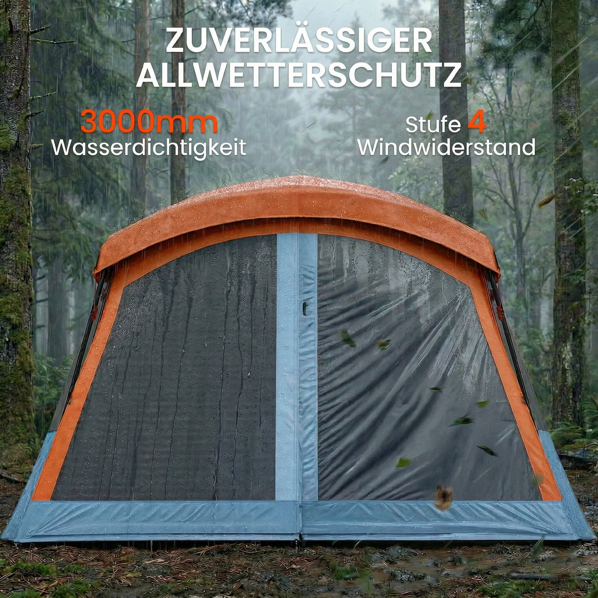 ComfortXL - Tente tunnel familiale polyester orange bleu 2 à 4 personnes hauteur 220 cm étanche 3000 mm pour camping - Image 7