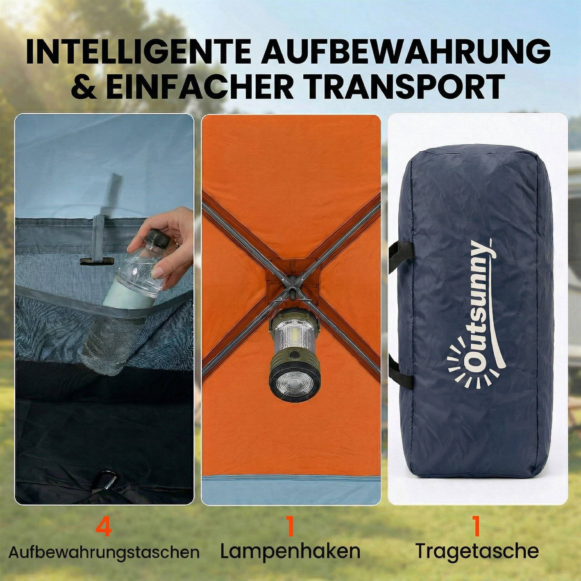 ComfortXL - Tente tunnel familiale polyester orange bleu 2 à 4 personnes hauteur 220 cm étanche 3000 mm pour camping - Image 9