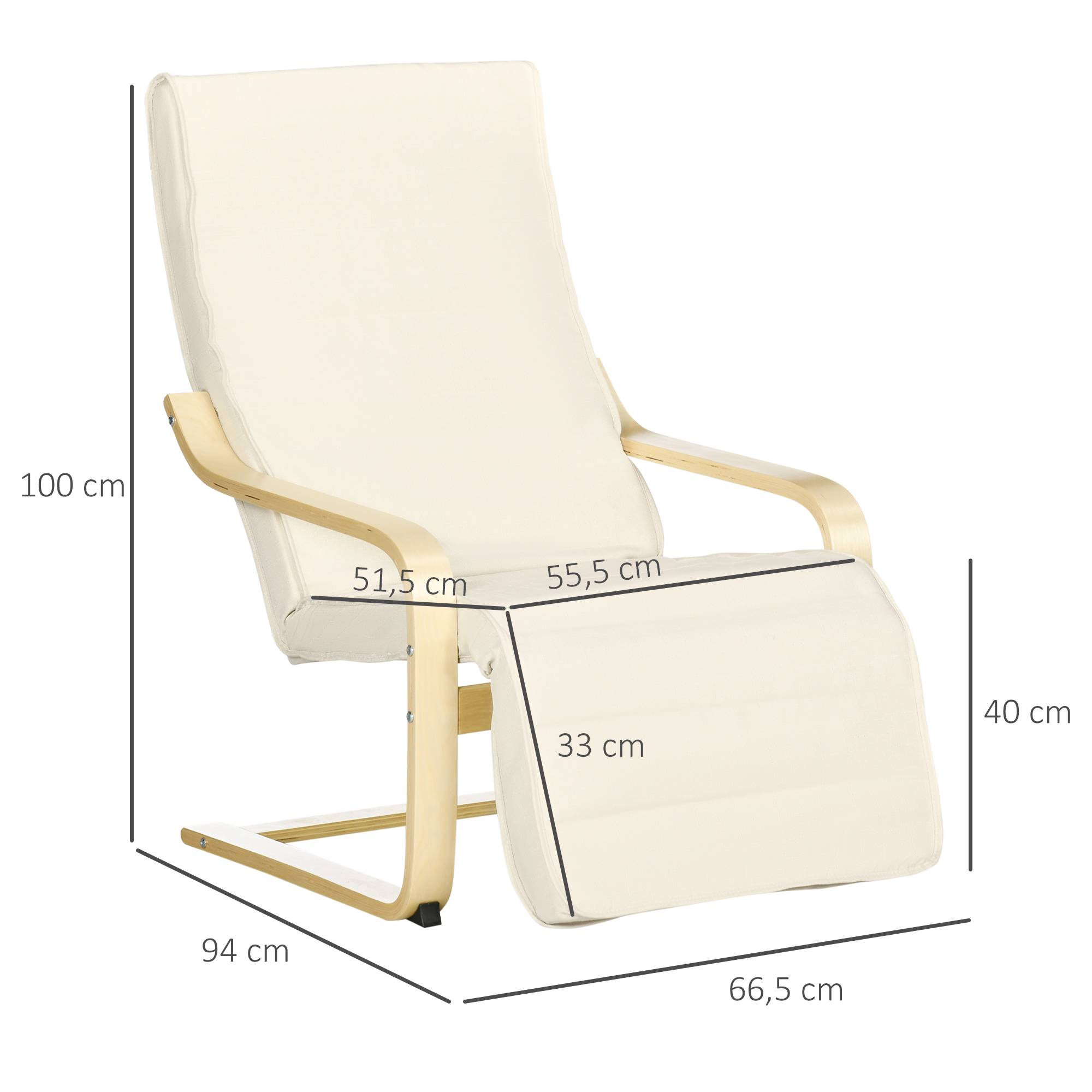 Transat confort en bois de bouleau coussin doux repose-pieds 5 positions charge 120kg 66.5×94×100cm crème - Image 3