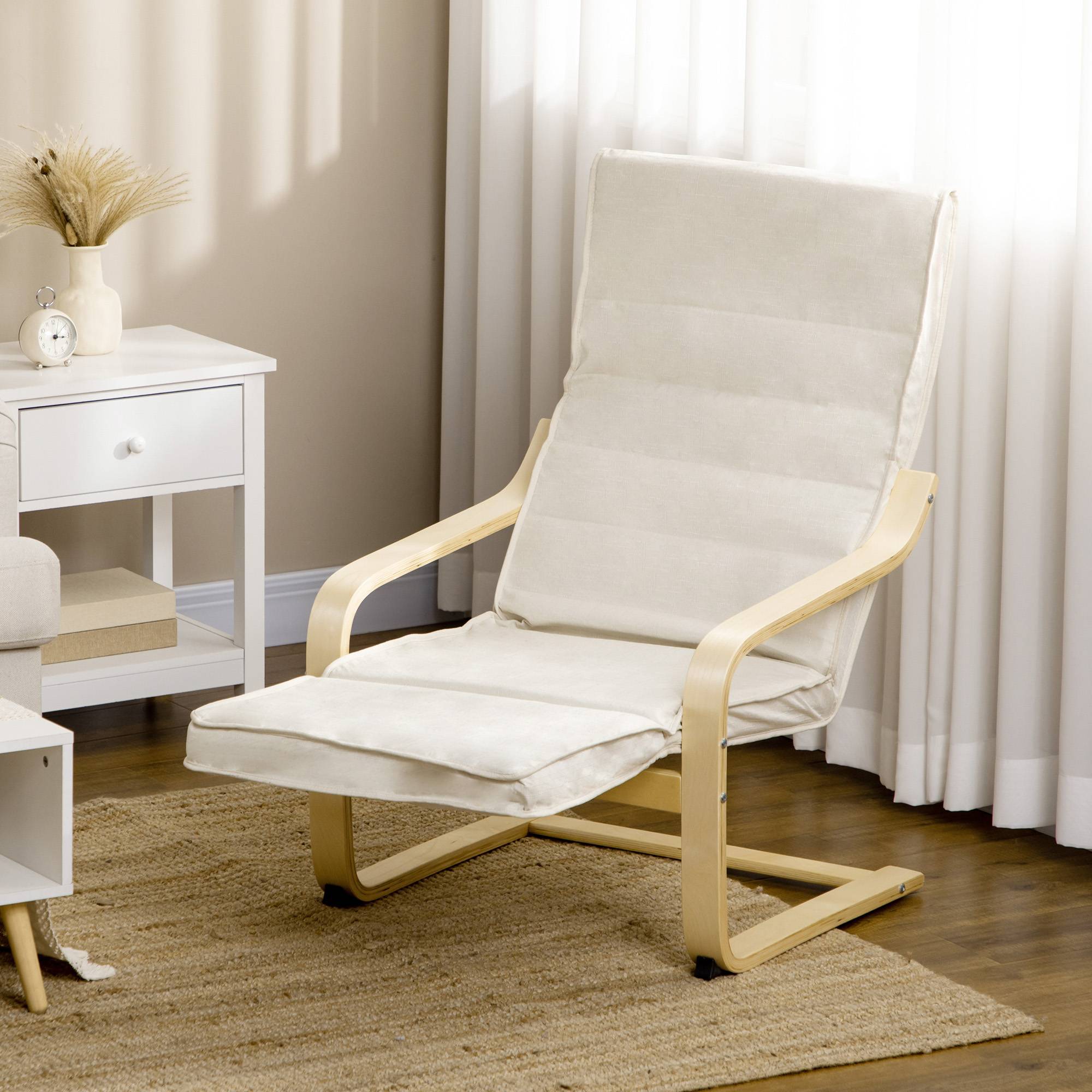 Transat confort en bois de bouleau coussin doux repose-pieds 5 positions charge 120kg 66.5×94×100cm crème - Image 7