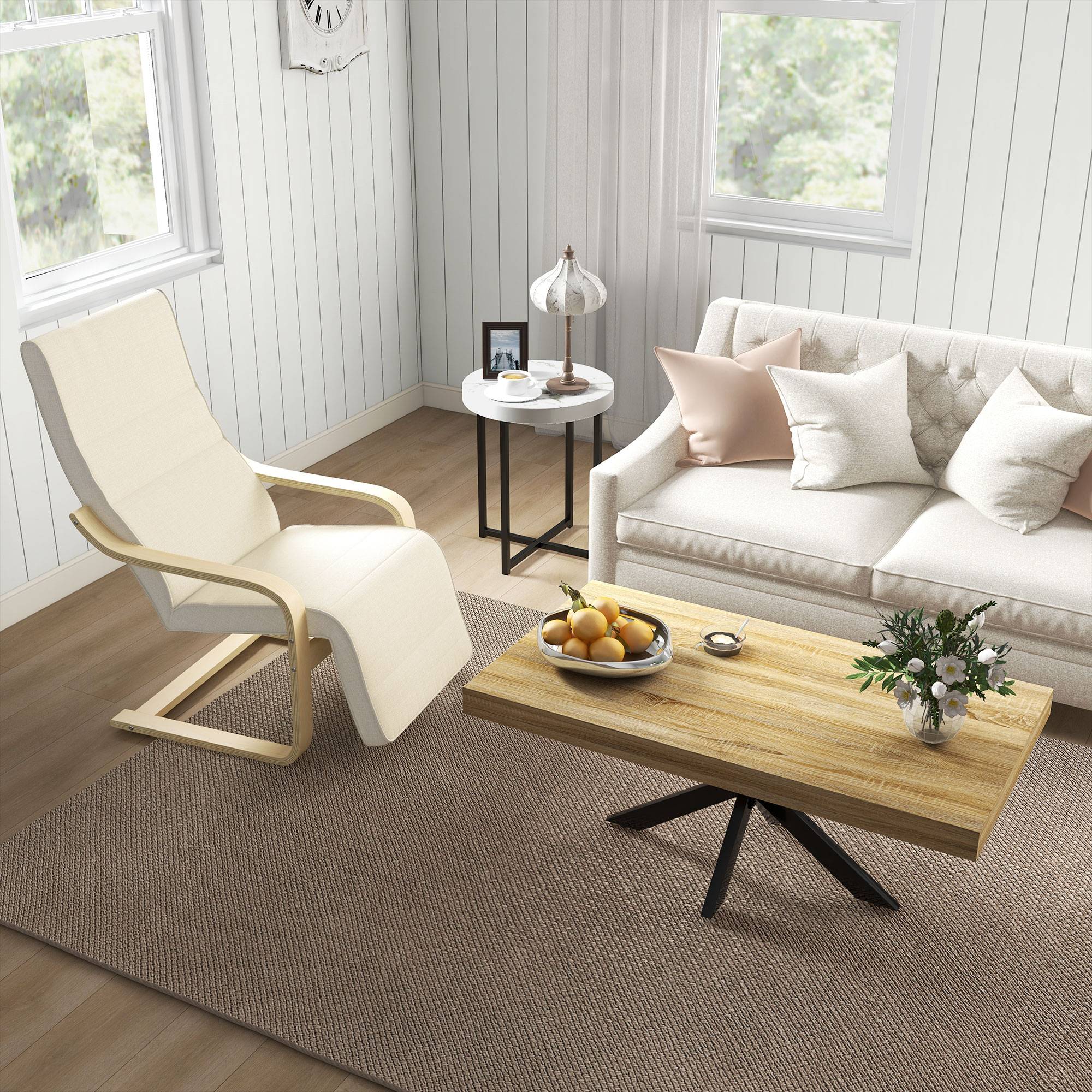 Transat confort en bois de bouleau coussin doux repose-pieds 5 positions charge 120kg 66.5×94×100cm crème - Image 2