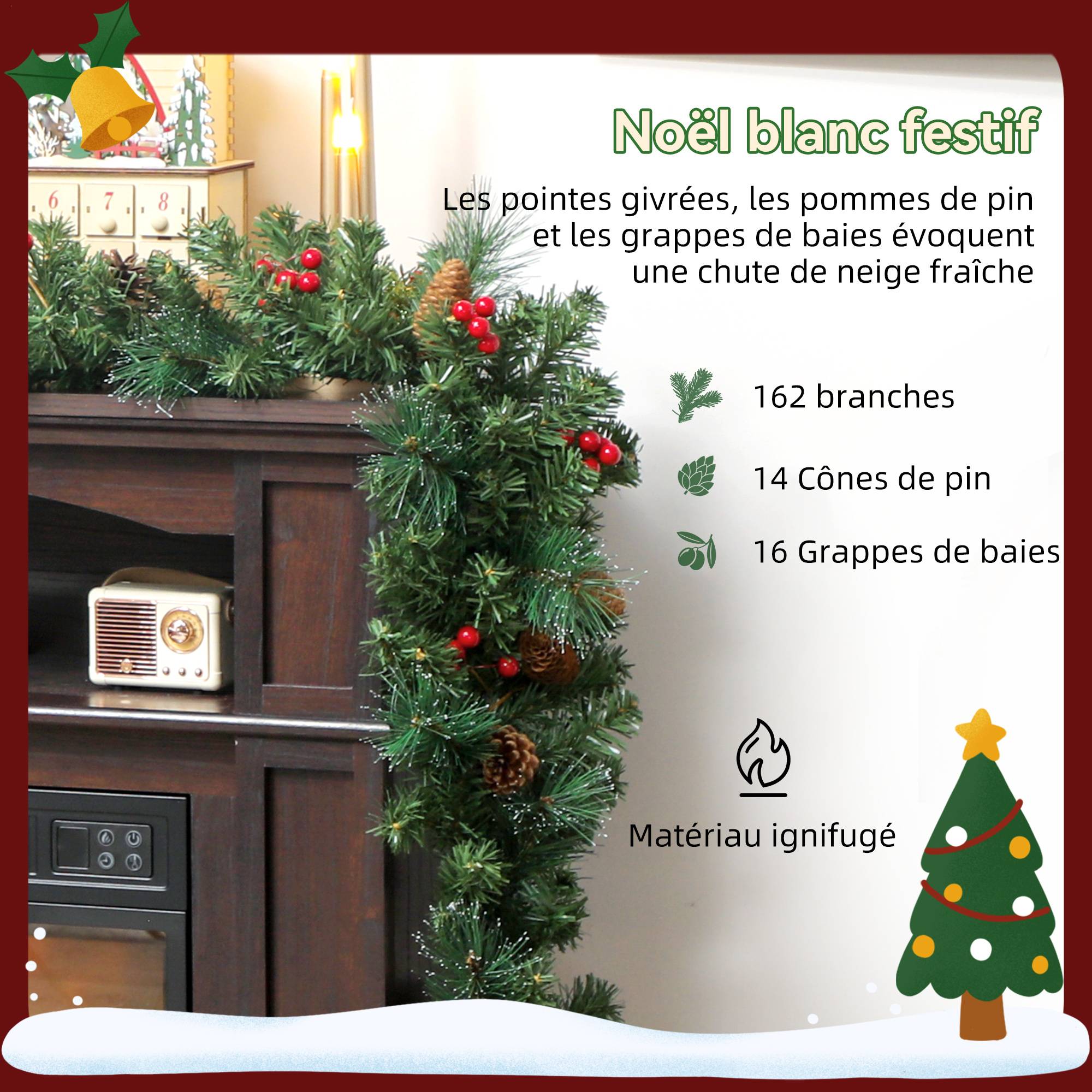 Guirlande de Noël artificielle 180 cm, décoration de Noël, 162 branches denses, pommes de pin, grappes de baies, vert - Image 7