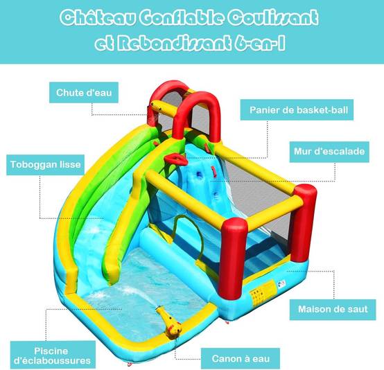 Structure Gonflable 6 en 1 avec Toboggan Charge 135kg pour 3 Enfants 3-10 Ans(sans souffleur) - Image 1